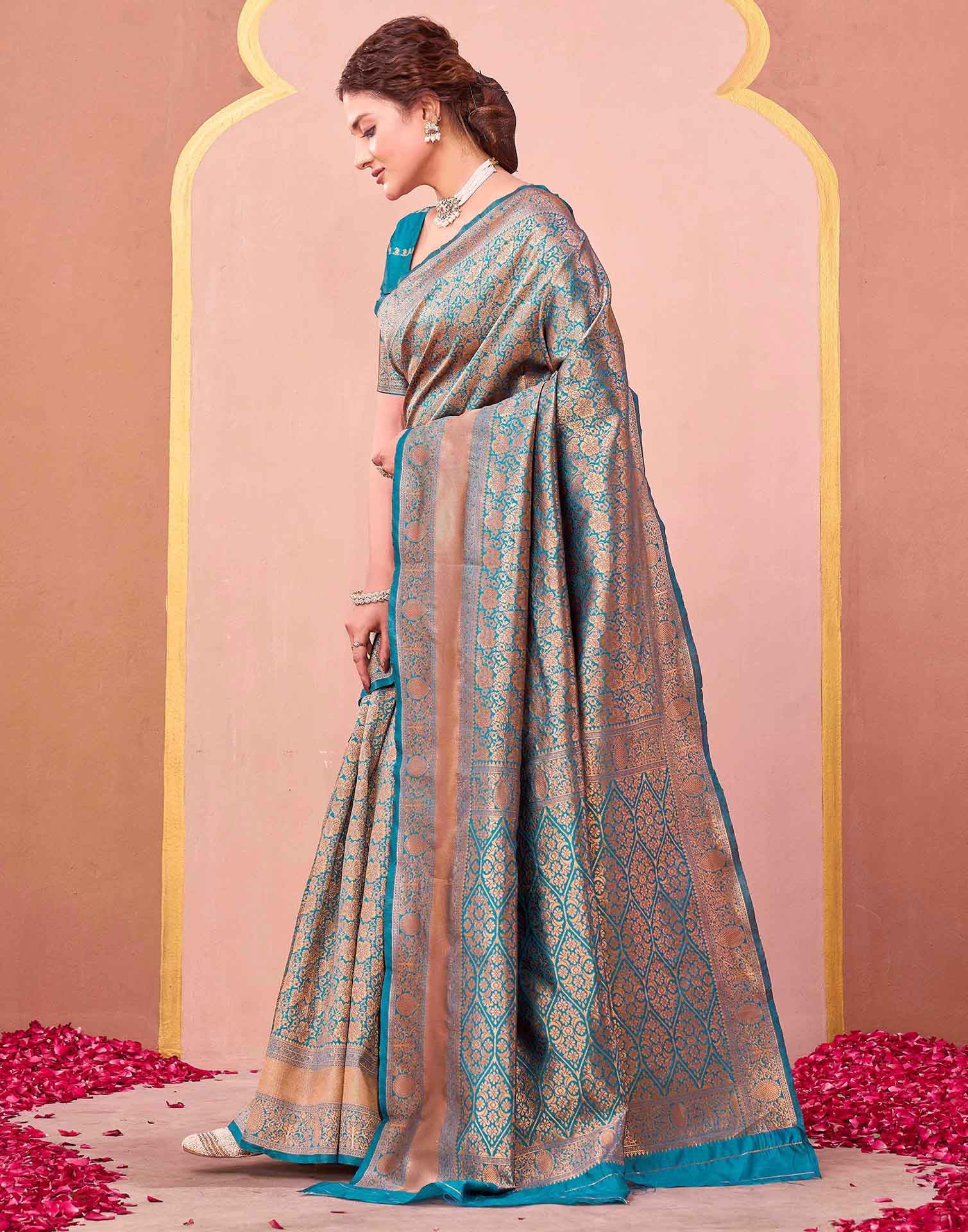 Teal Blue Silk Woven Banarasi Saree - Image 4