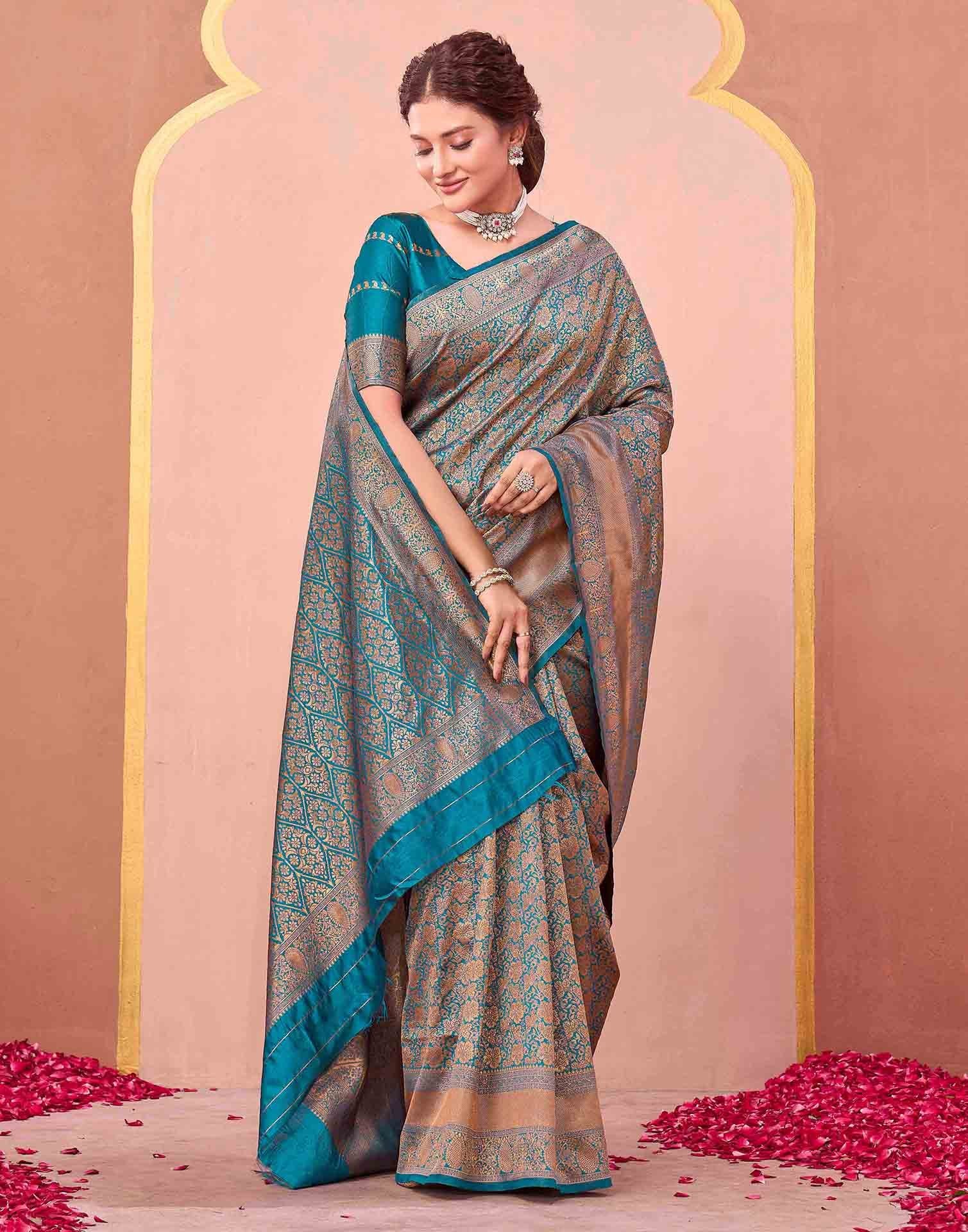 Teal Blue Silk Woven Banarasi Saree - Image 5