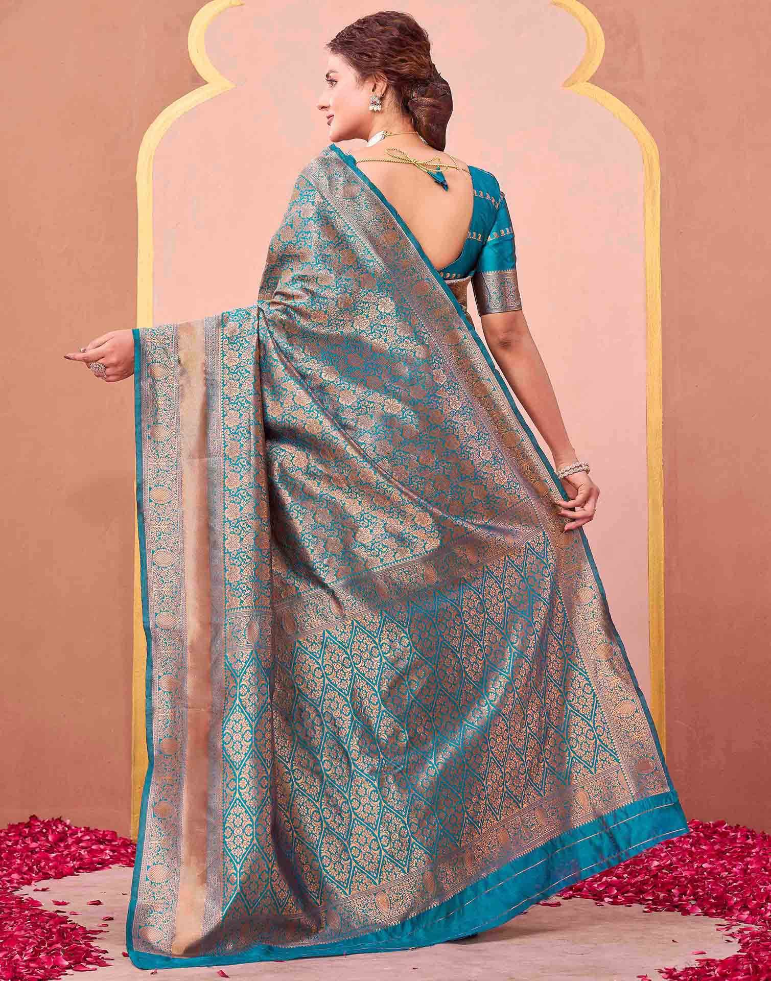 Teal Blue Silk Woven Banarasi Saree - Image 6
