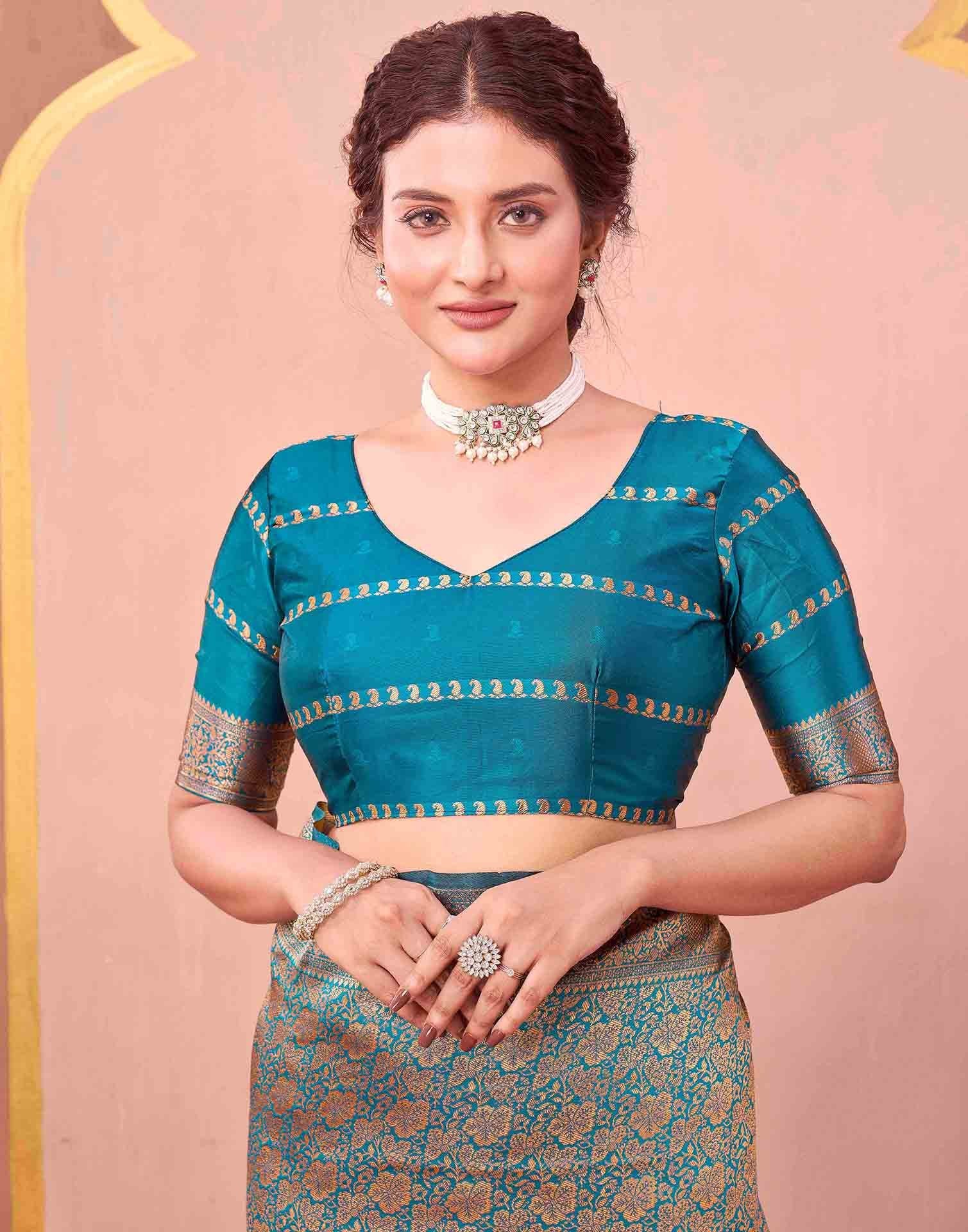 Teal Blue Silk Woven Banarasi Saree - Image 7