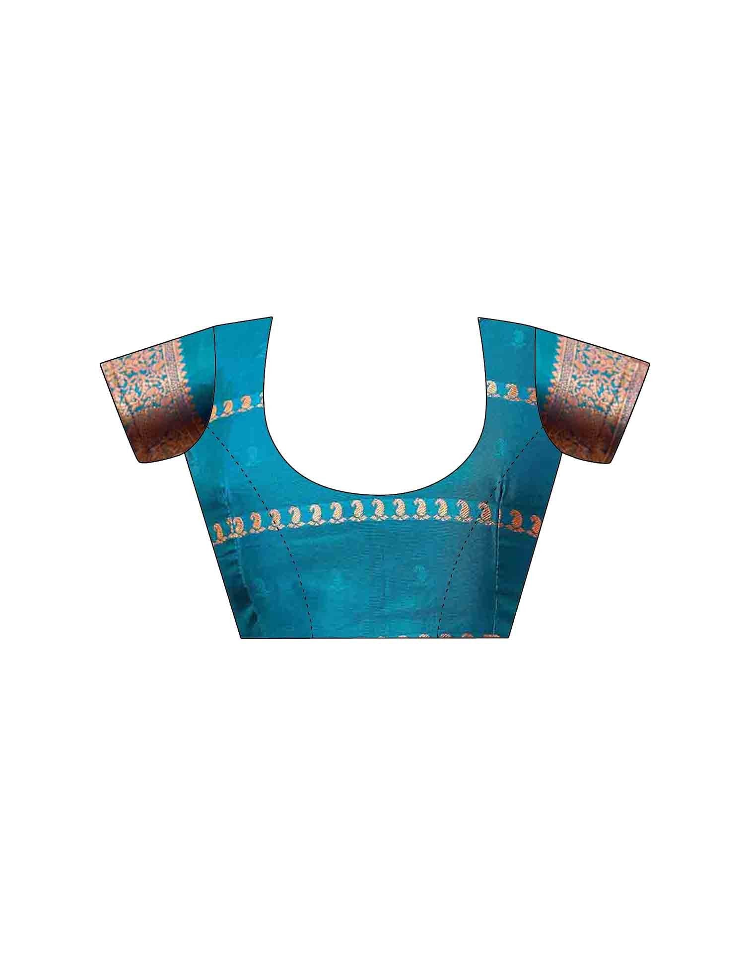 Teal Blue Silk Woven Banarasi Saree - Image 9