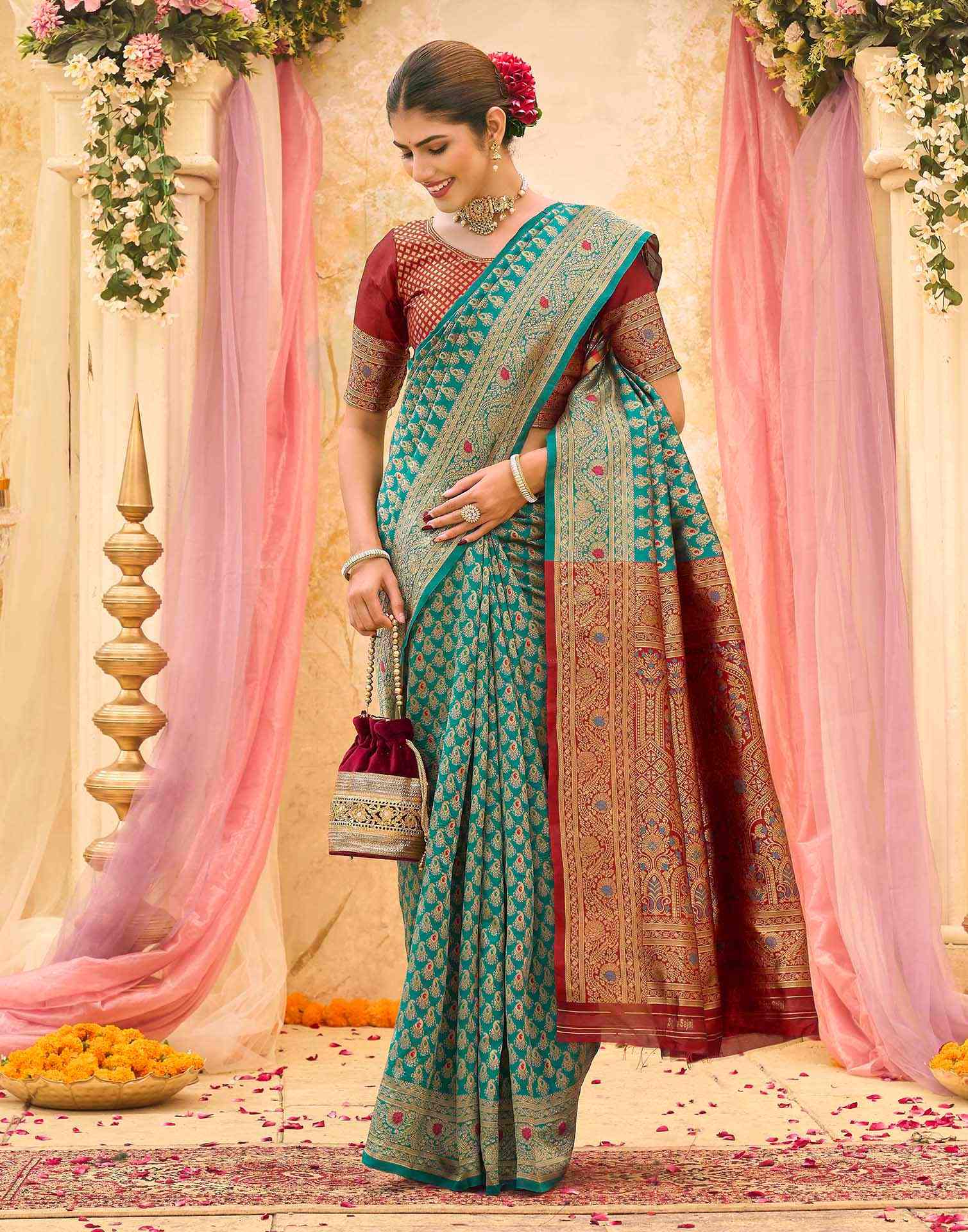 Teal Blue Silk Woven Banarasi Saree - Image 5