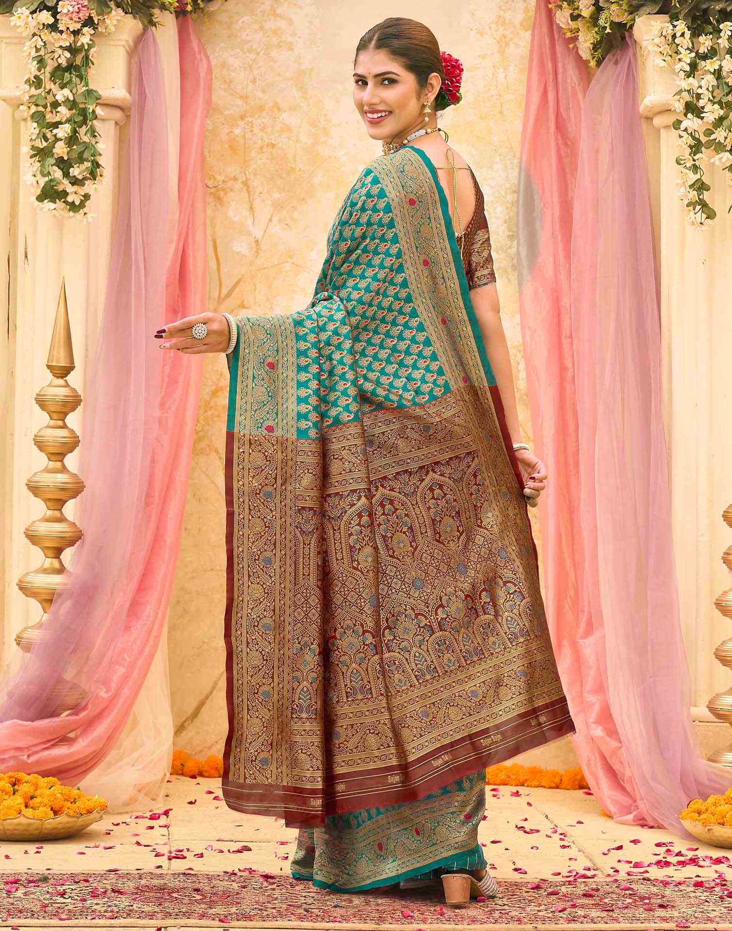 Teal Blue Silk Woven Banarasi Saree - Image 6