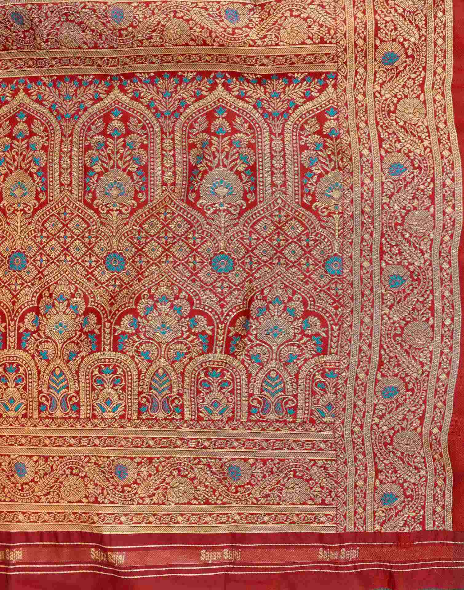 Teal Blue Silk Woven Banarasi Saree - Image 7