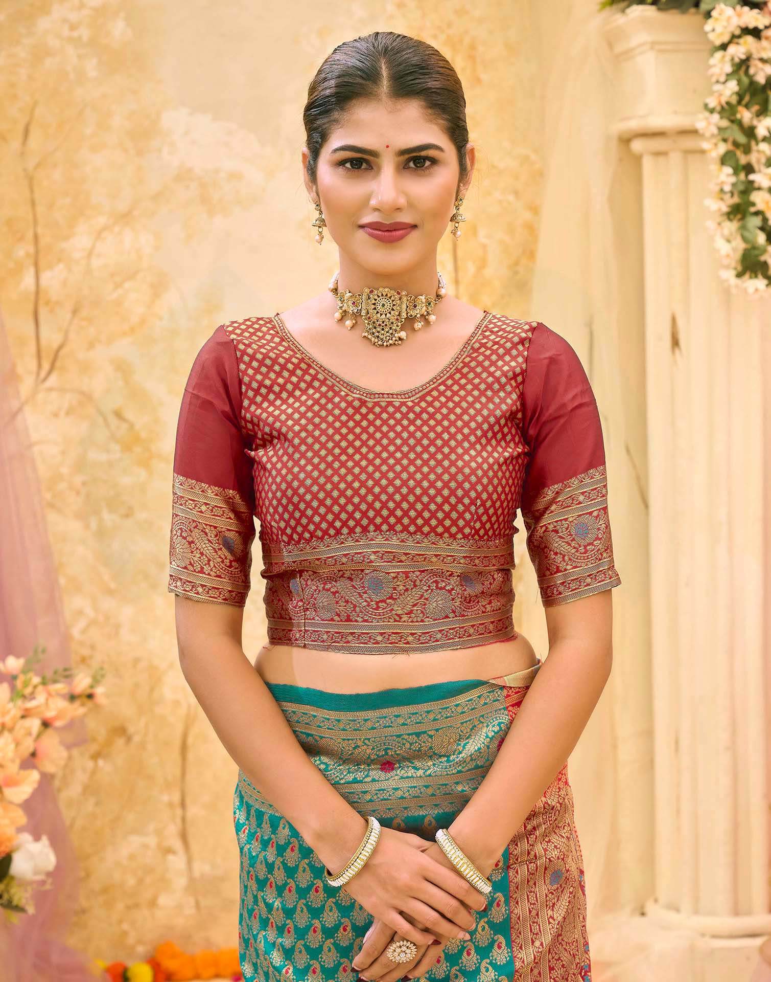 Teal Blue Silk Woven Banarasi Saree - Image 8