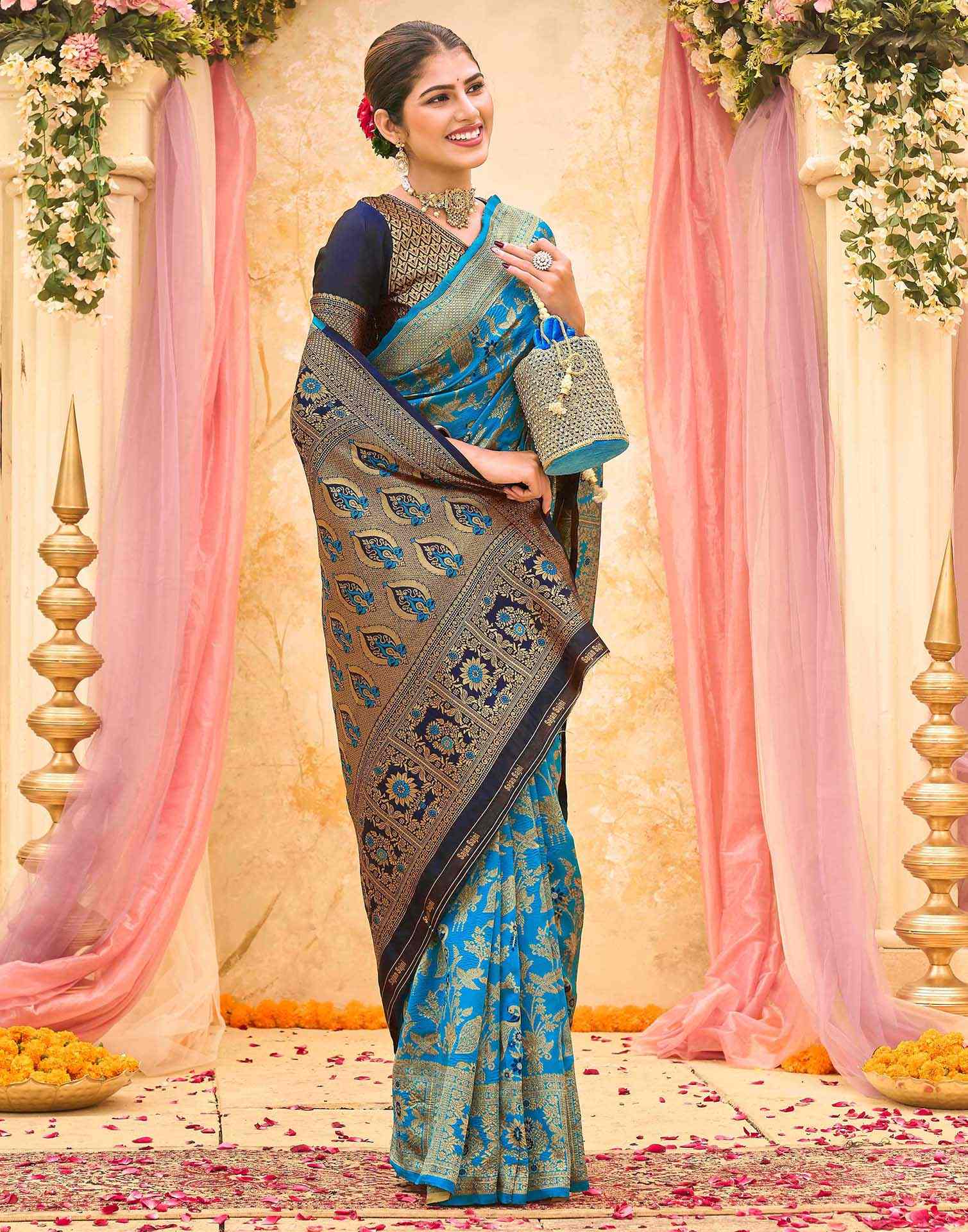Teal Blue Silk Woven Banarasi Saree - Image 5