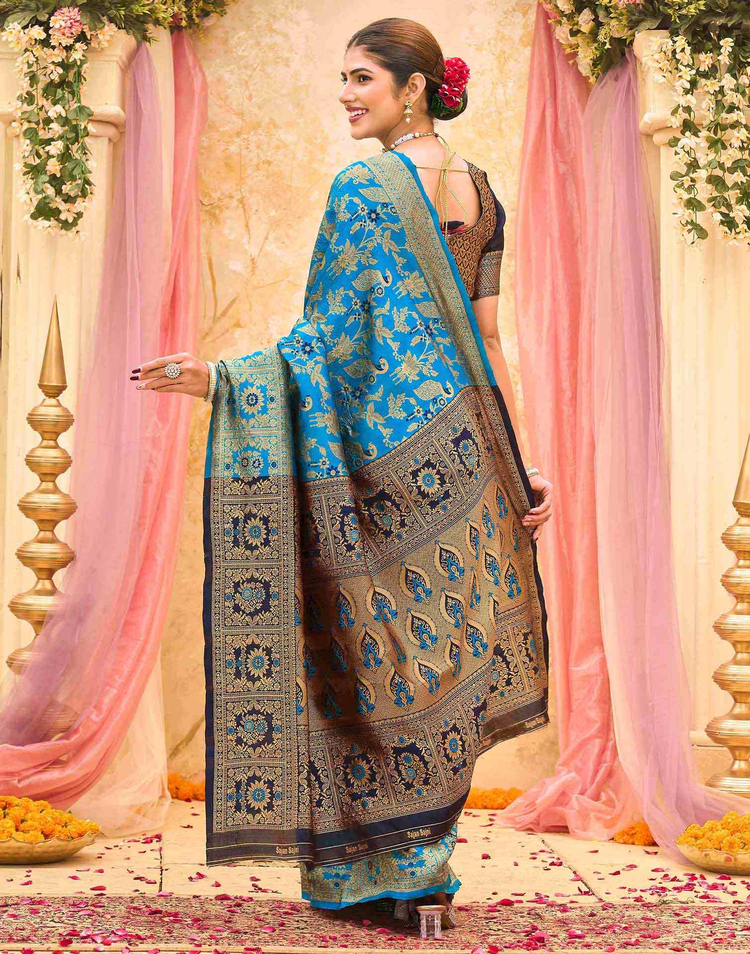 Teal Blue Silk Woven Banarasi Saree - Image 6