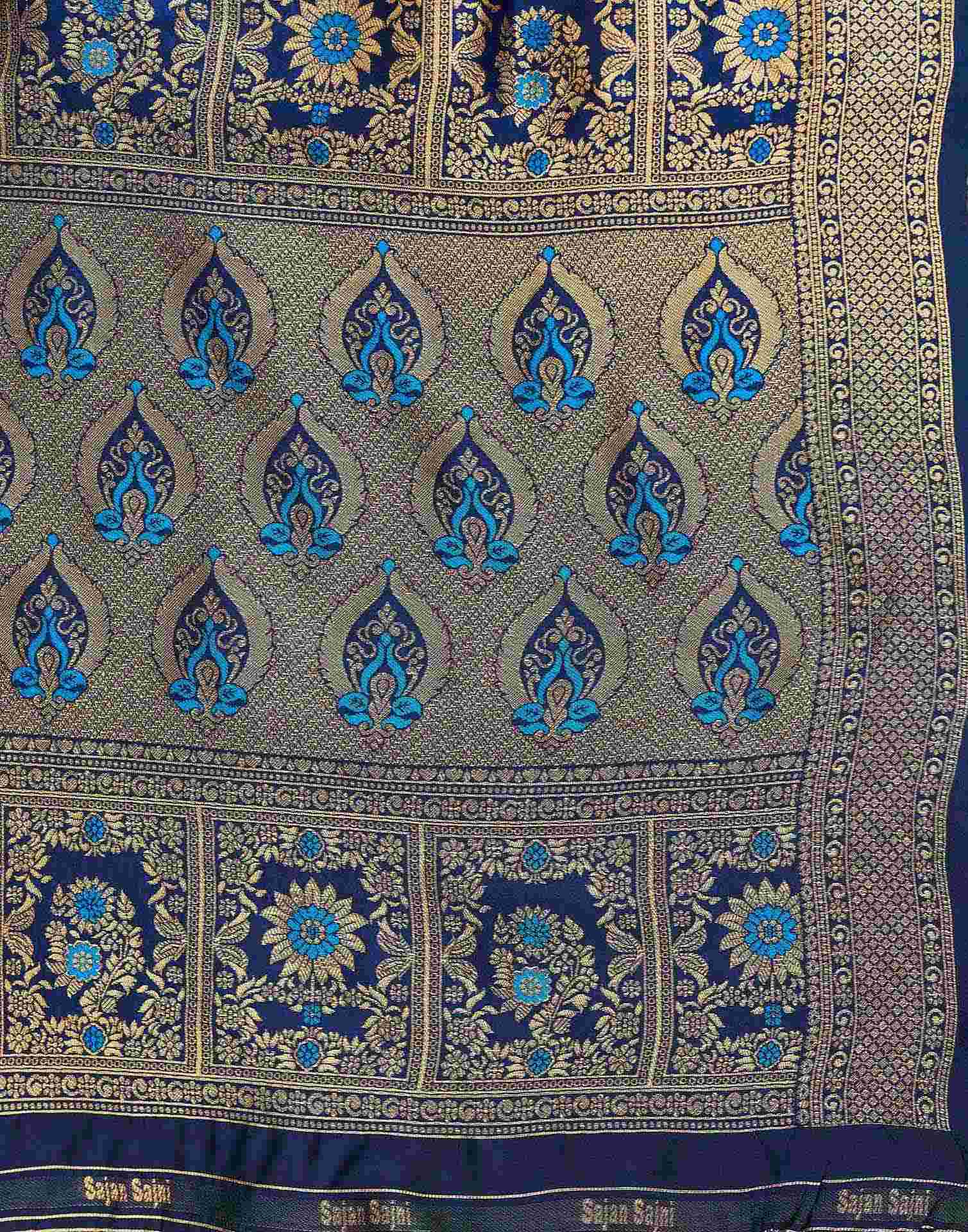 Teal Blue Silk Woven Banarasi Saree - Image 7