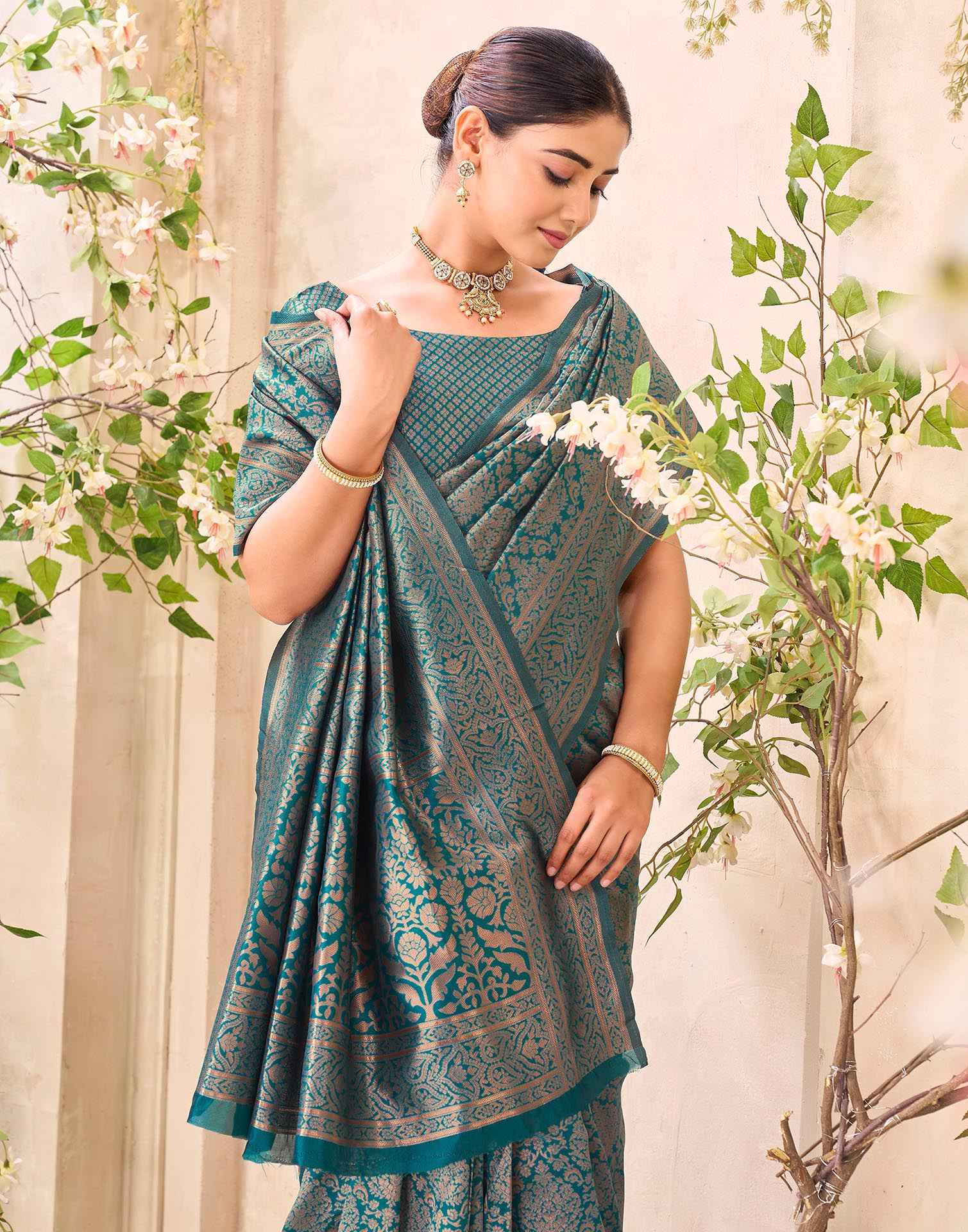 Teal Blue Silk Woven Banarasi Saree - Image 2
