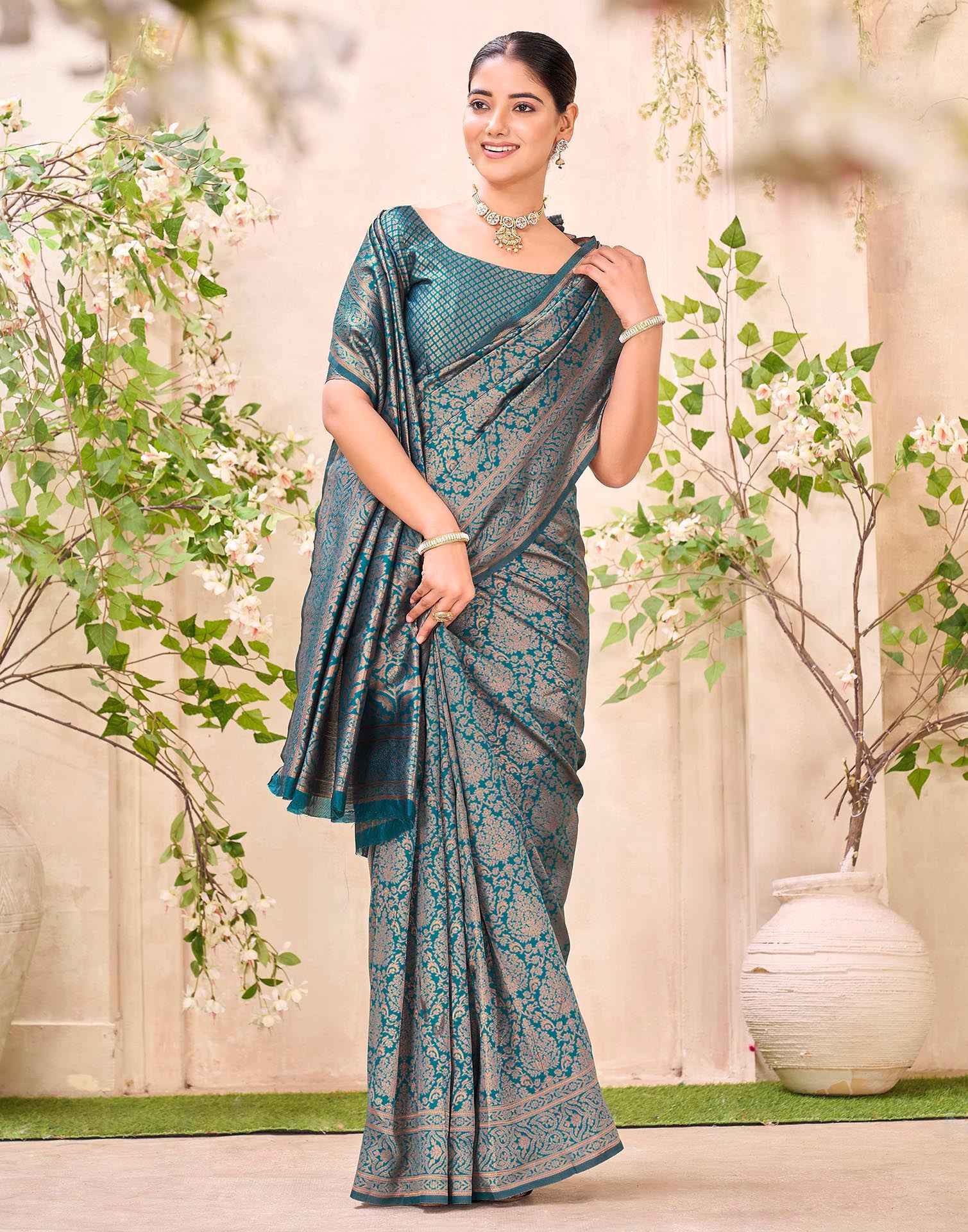 Teal Blue Silk Woven Banarasi Saree - Image 5