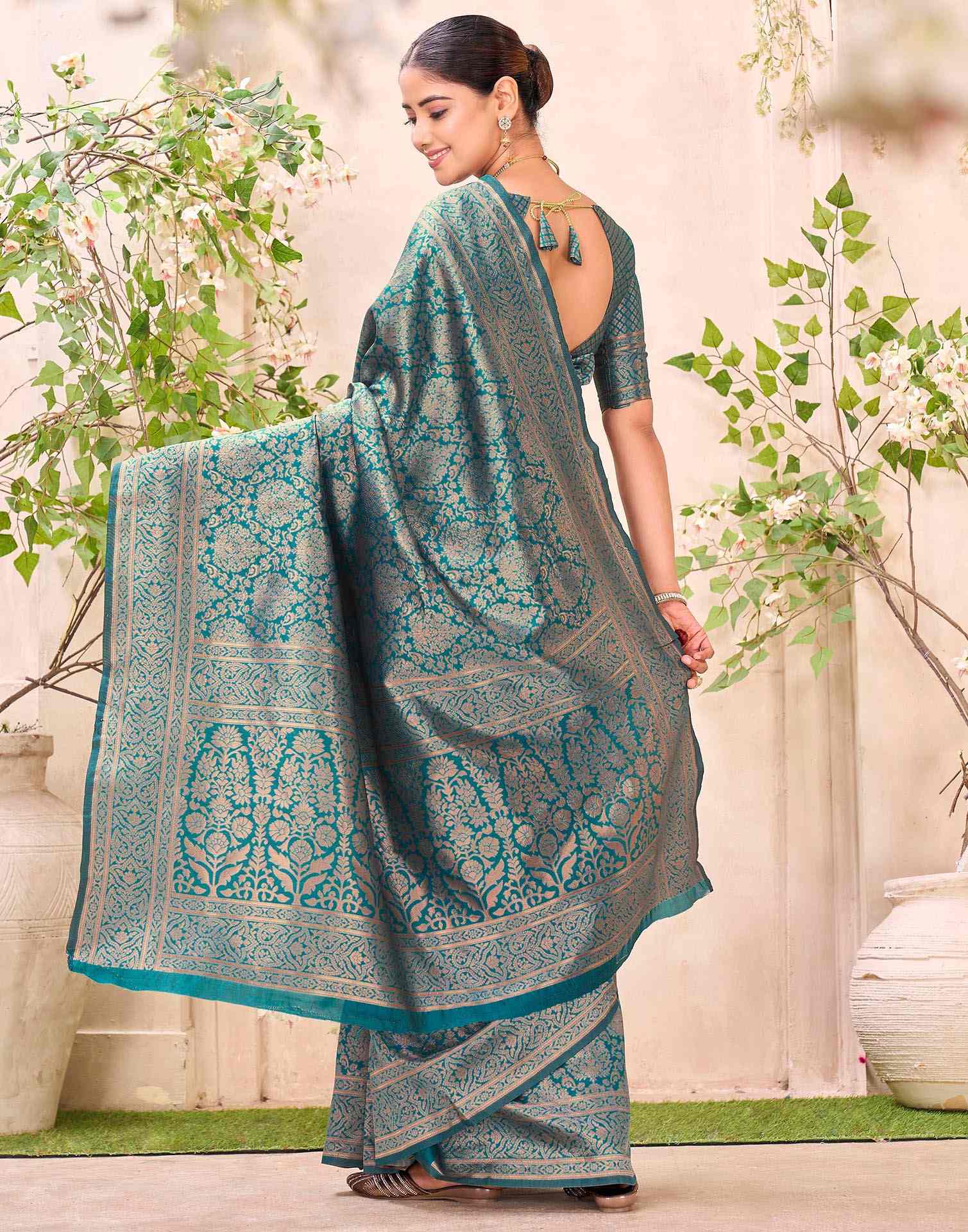 Teal Blue Silk Woven Banarasi Saree - Image 6