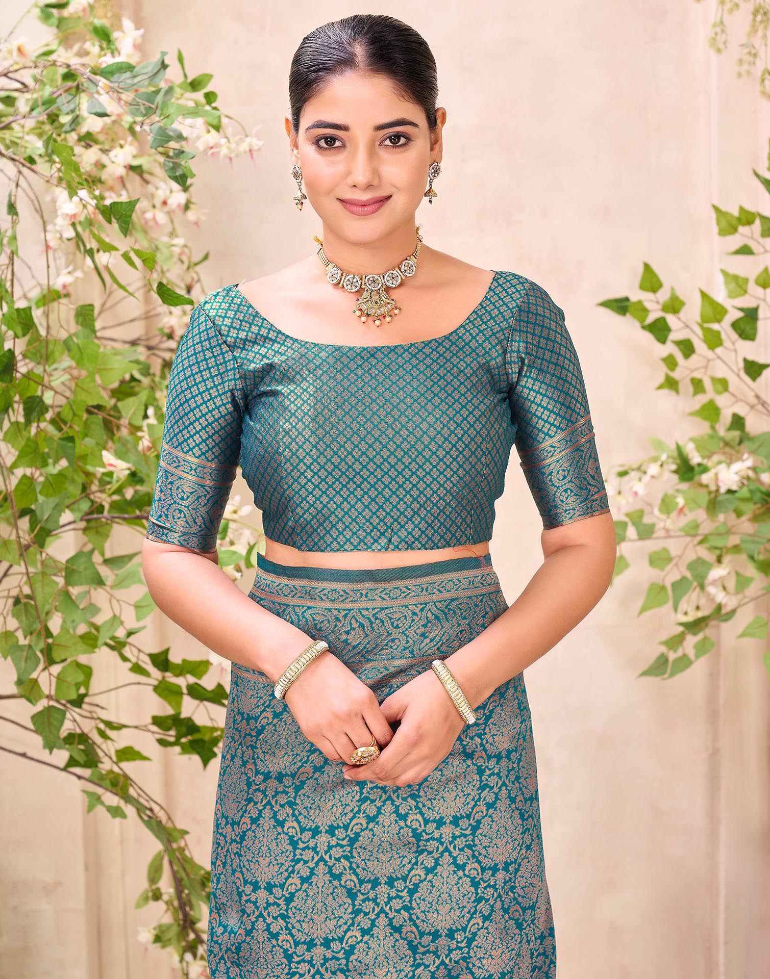 Teal Blue Silk Woven Banarasi Saree - Image 8