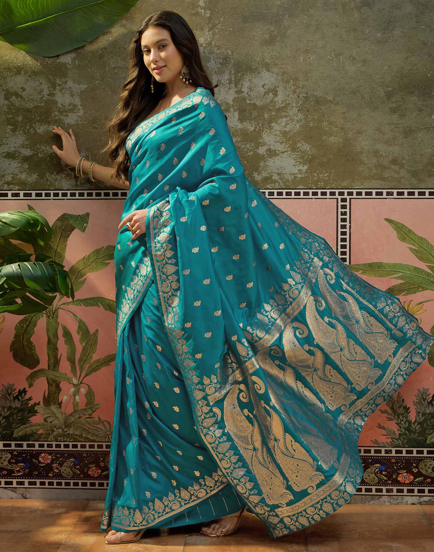 Teal Blue Silk Woven Banarasi Saree