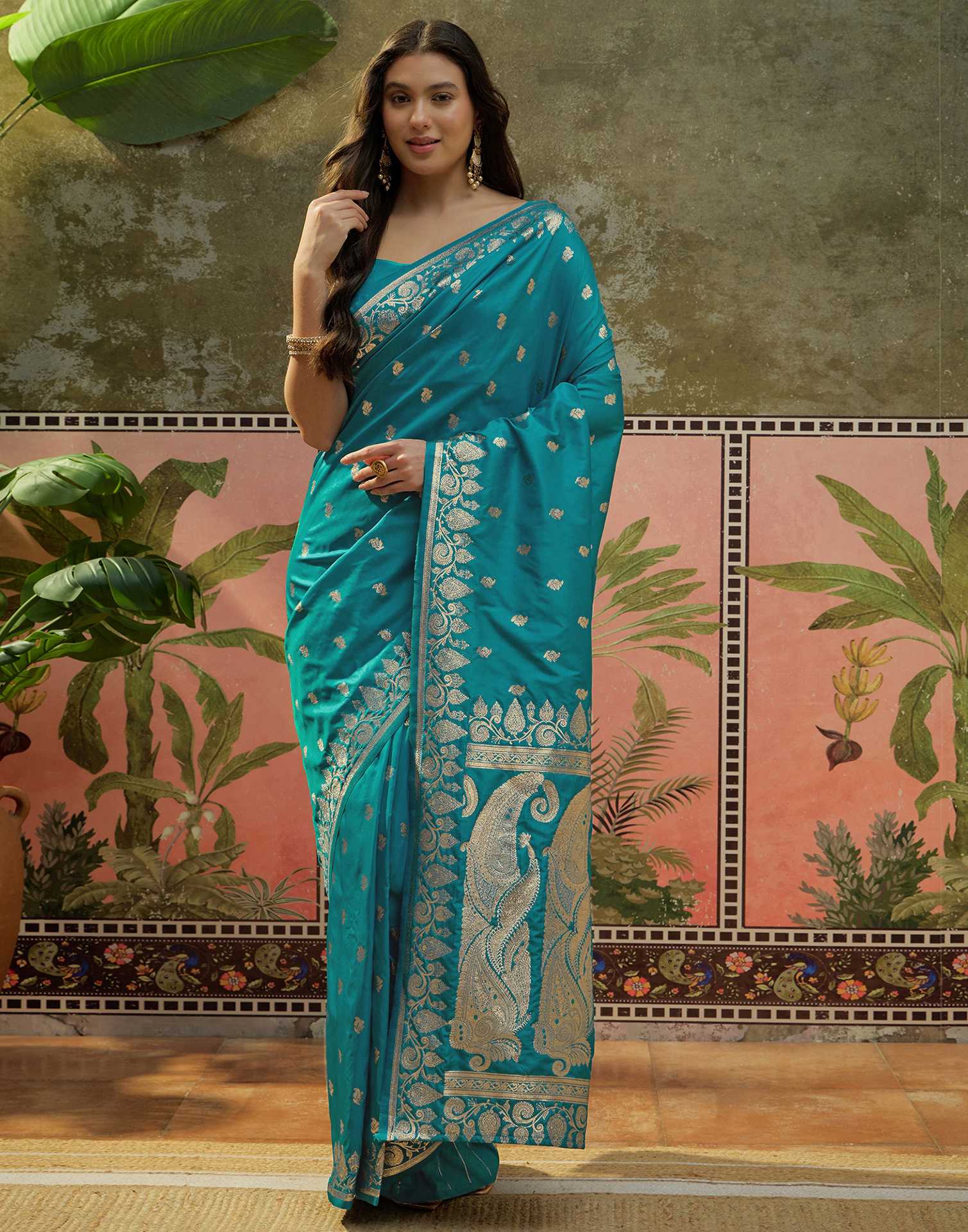 Teal Blue Silk Woven Banarasi Saree - Image 4