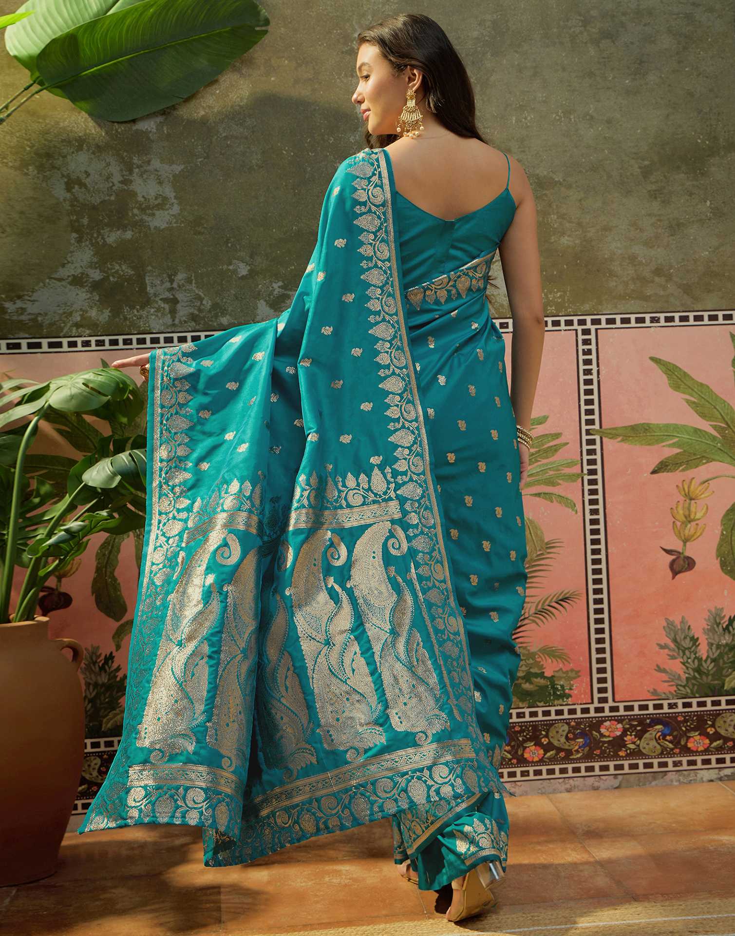Teal Blue Silk Woven Banarasi Saree - Image 7