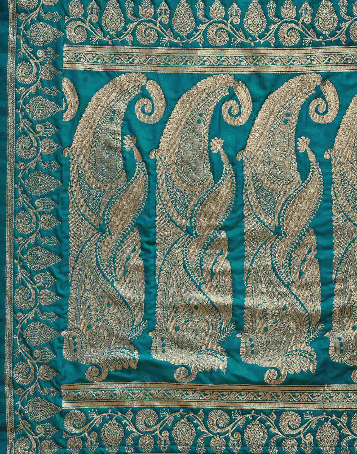 Teal Blue Silk Woven Banarasi Saree - Image 9
