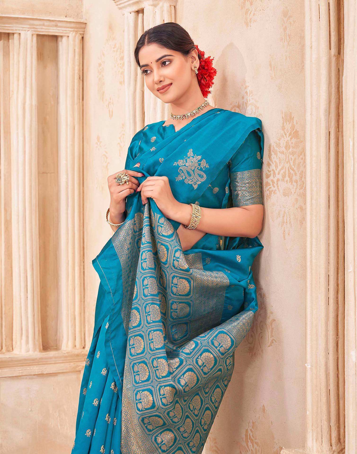 Teal Blue Silk Woven Banarasi Saree - Image 2