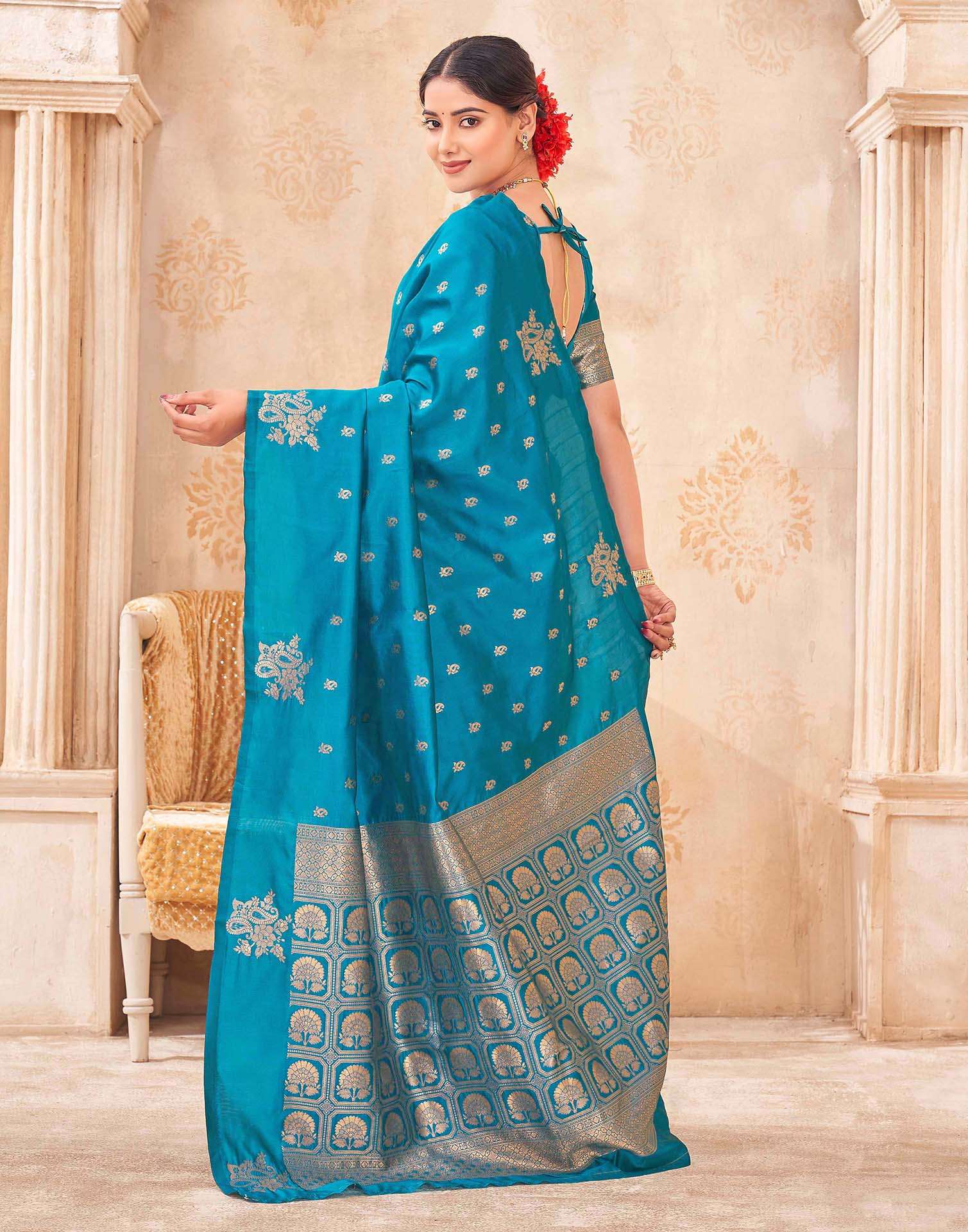 Teal Blue Silk Woven Banarasi Saree - Image 6
