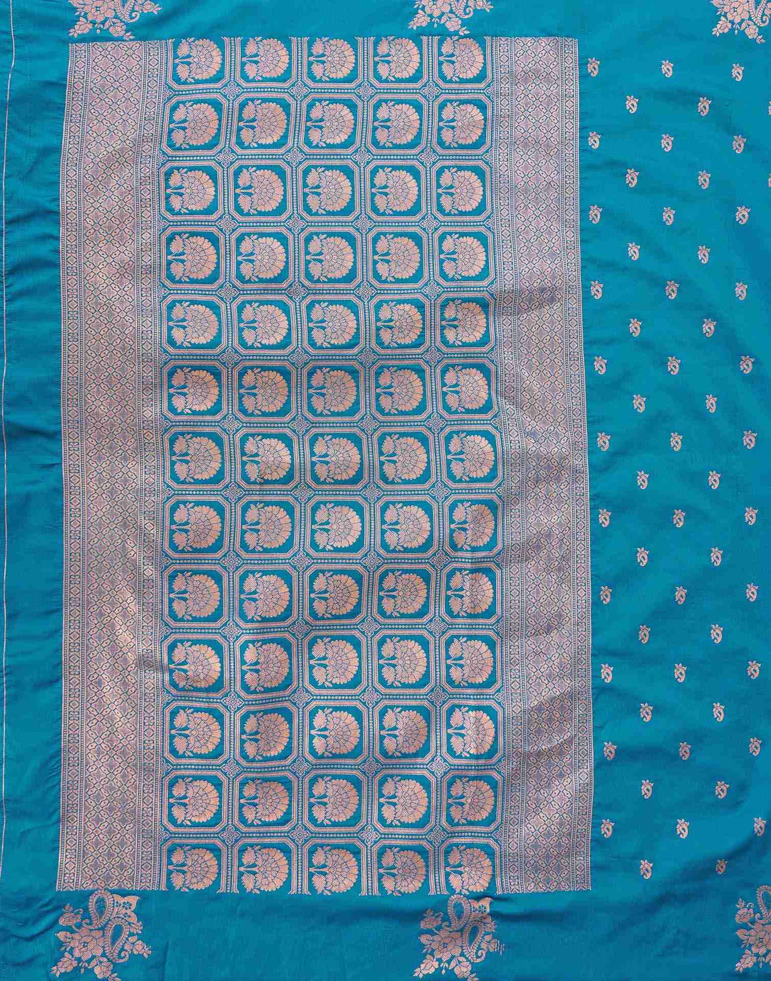 Teal Blue Silk Woven Banarasi Saree - Image 8