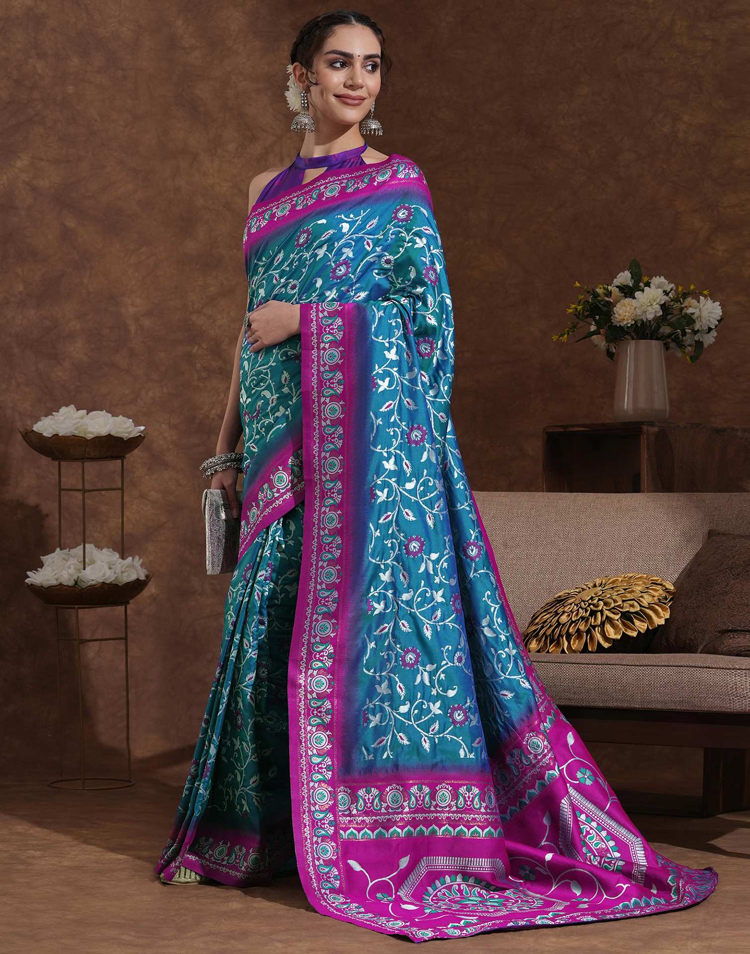 Teal Blue Silk Woven Banarasi Saree - Image 4