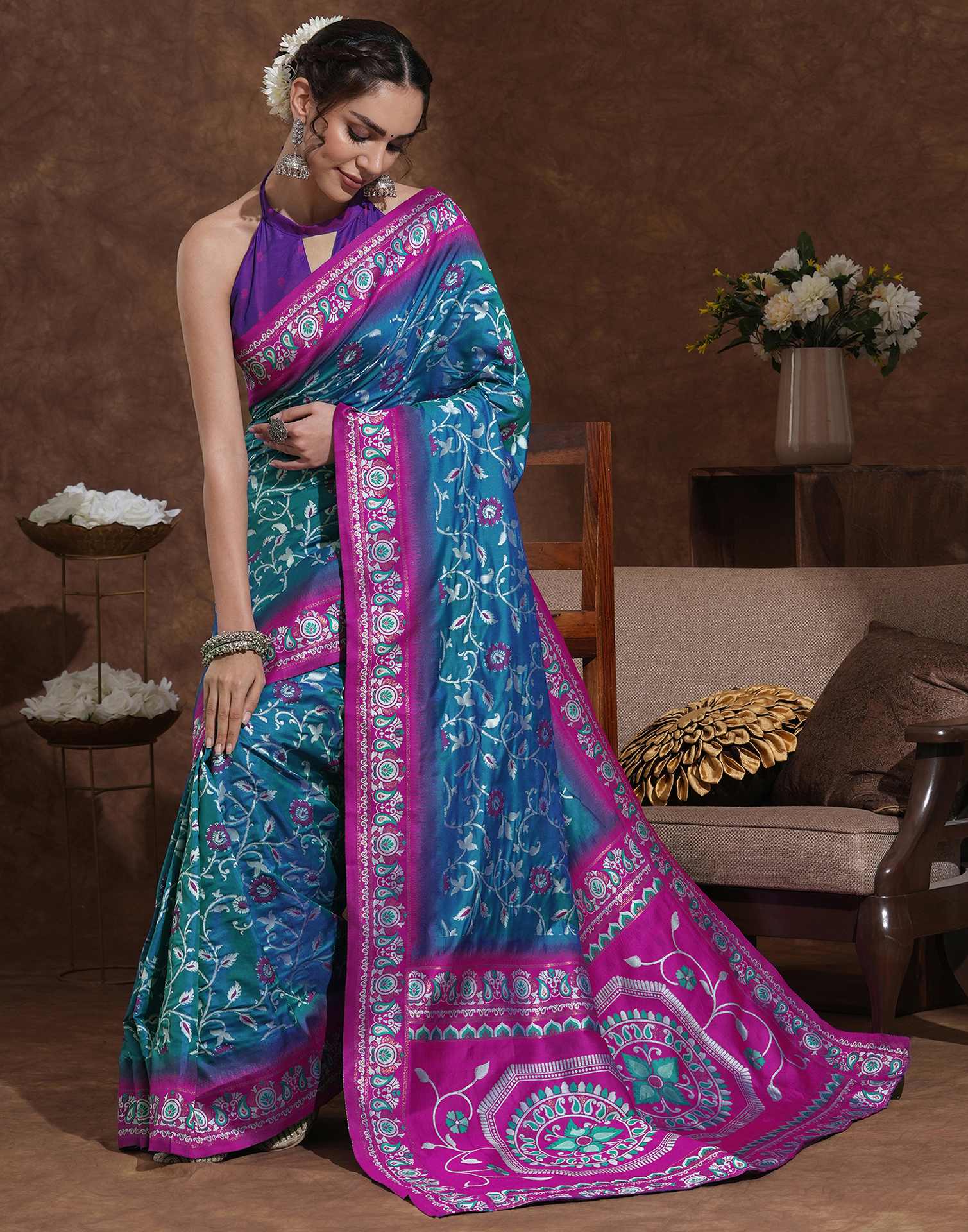 Teal Blue Silk Woven Banarasi Saree - Image 5