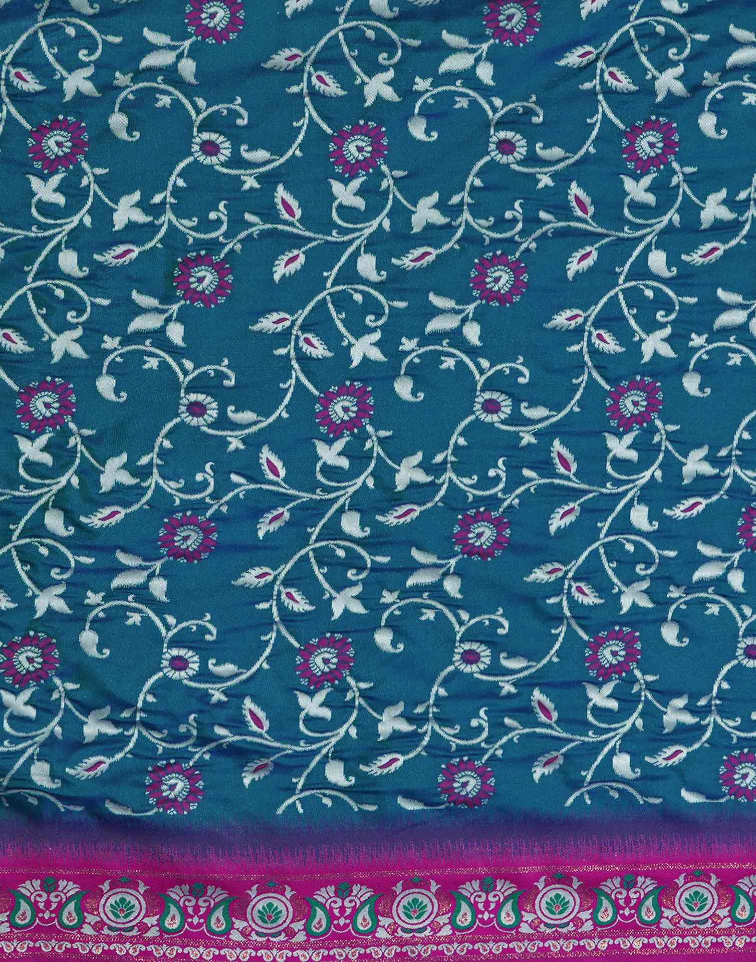 Teal Blue Silk Woven Banarasi Saree - Image 7