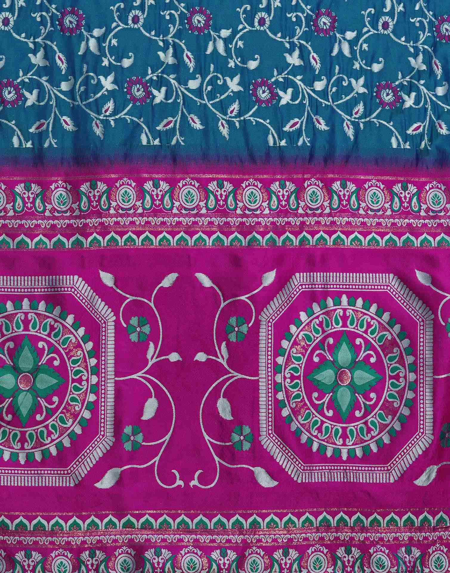 Teal Blue Silk Woven Banarasi Saree - Image 8
