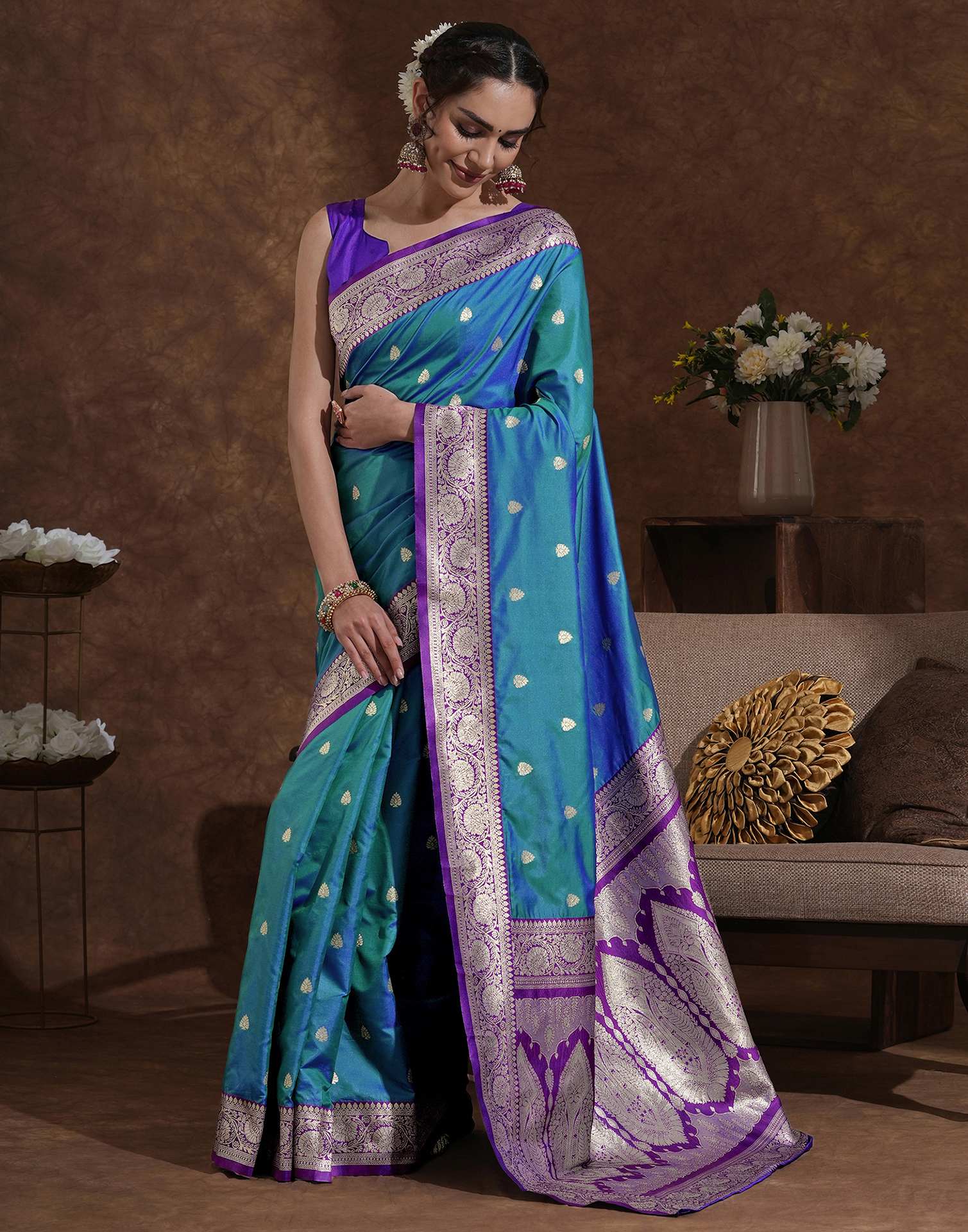 Teal Blue Silk Woven Banarasi Saree - Image 4