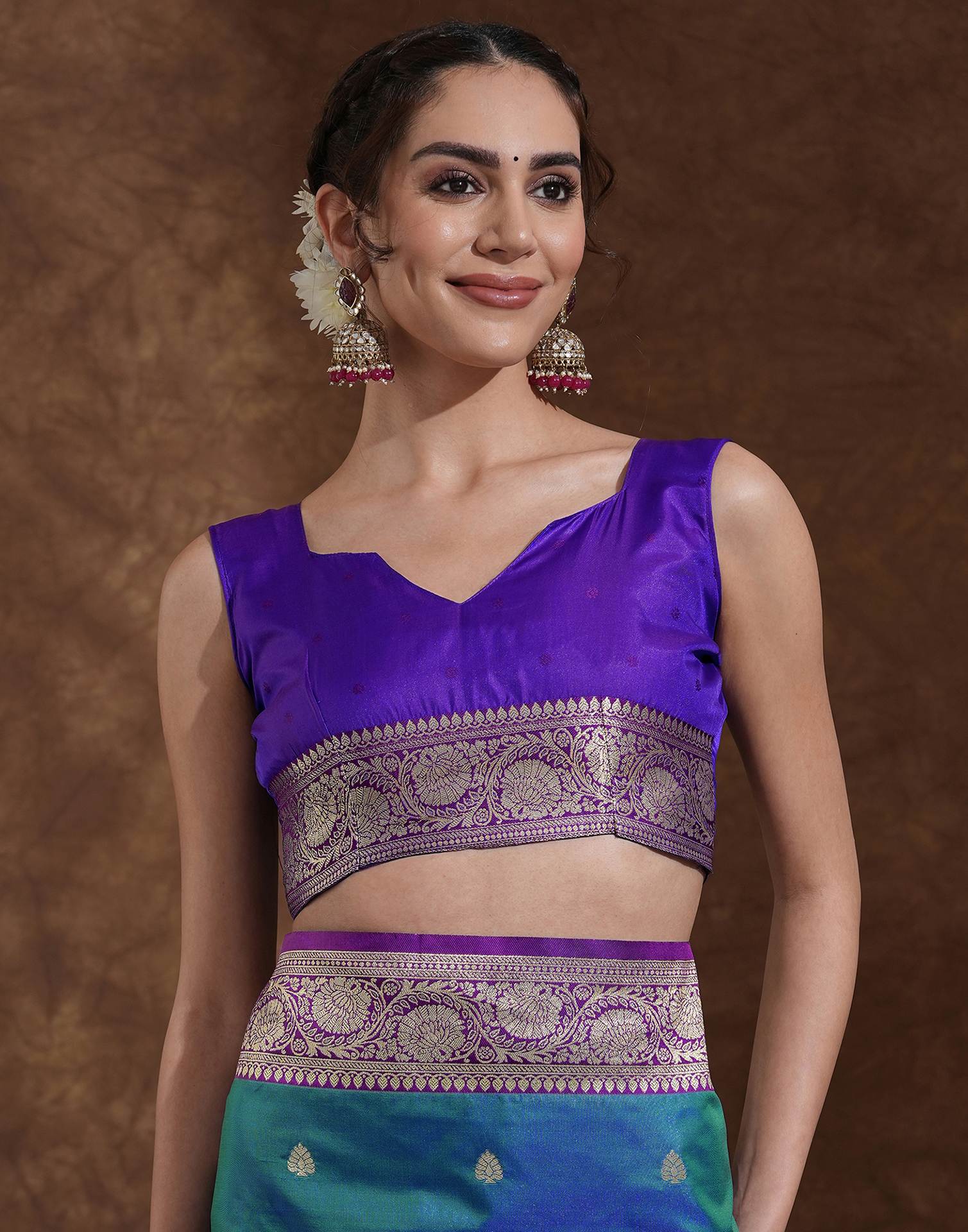 Teal Blue Silk Woven Banarasi Saree - Image 7