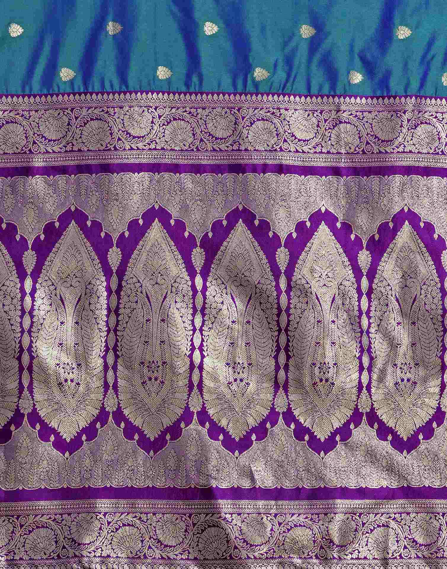 Teal Blue Silk Woven Banarasi Saree - Image 9