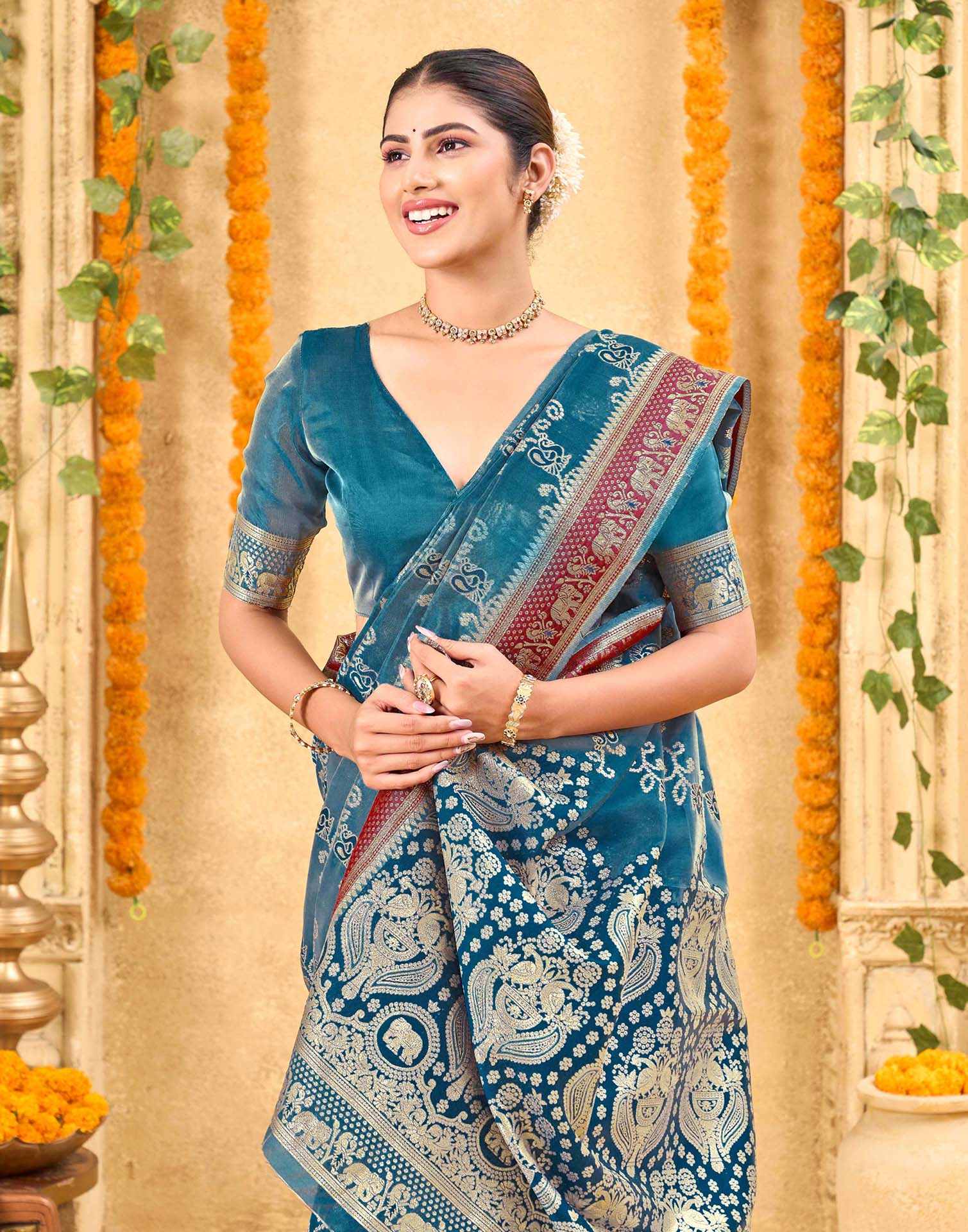 Teal Blue Silk Woven Banarasi Saree - Image 2