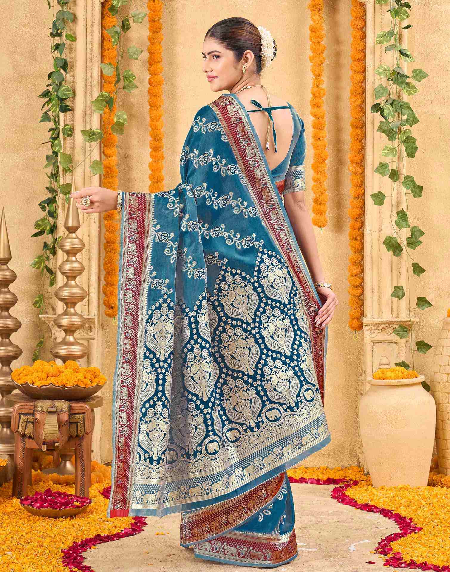 Teal Blue Silk Woven Banarasi Saree - Image 6