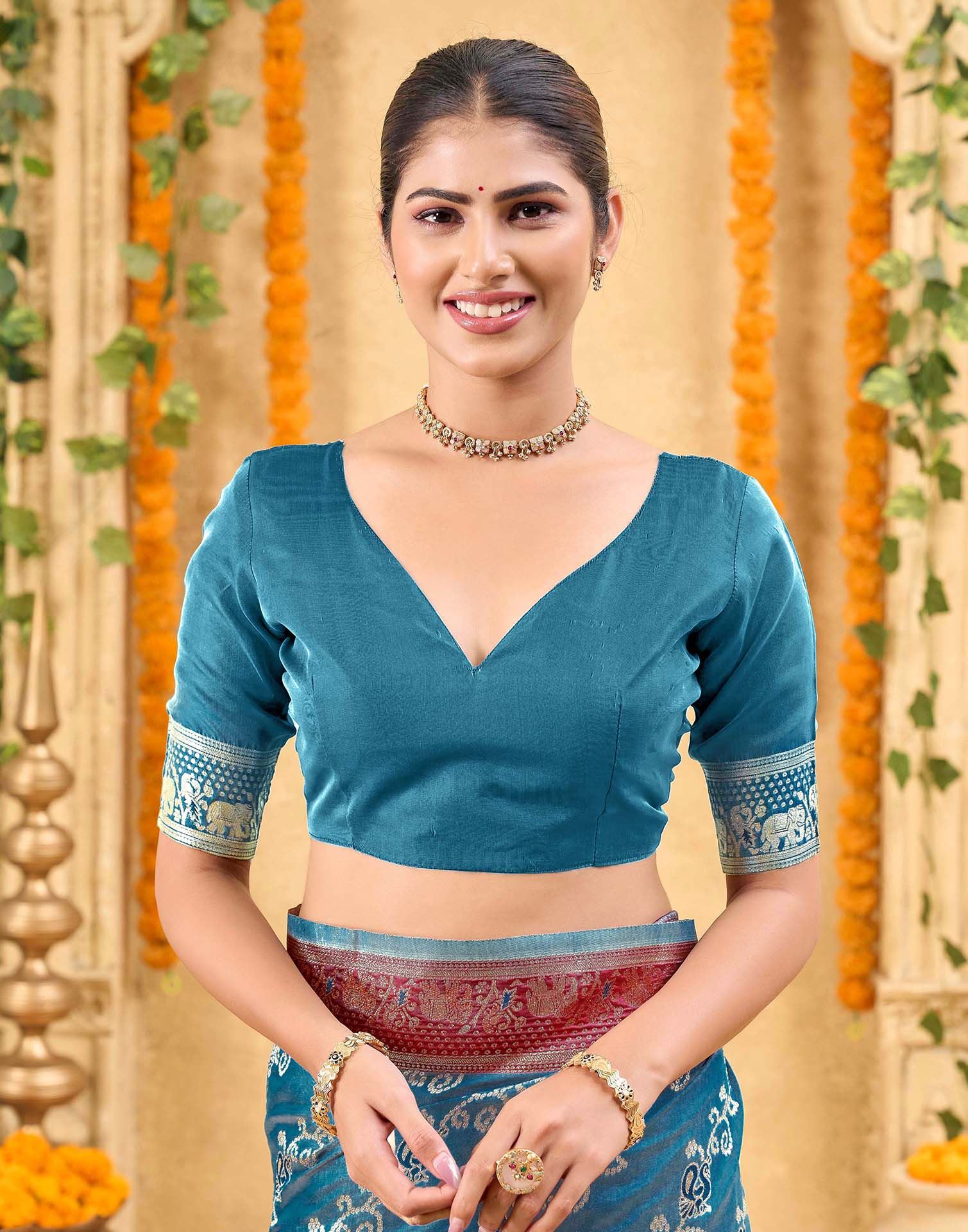 Teal Blue Silk Woven Banarasi Saree - Image 8