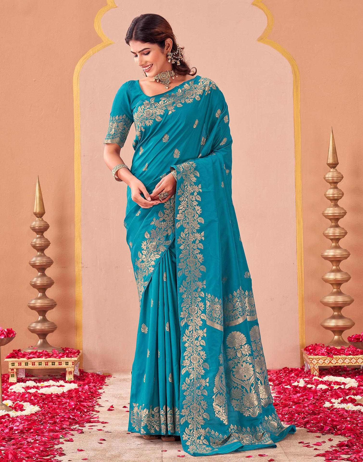 Teal Blue Silk Woven Banarasi Saree - Image 2