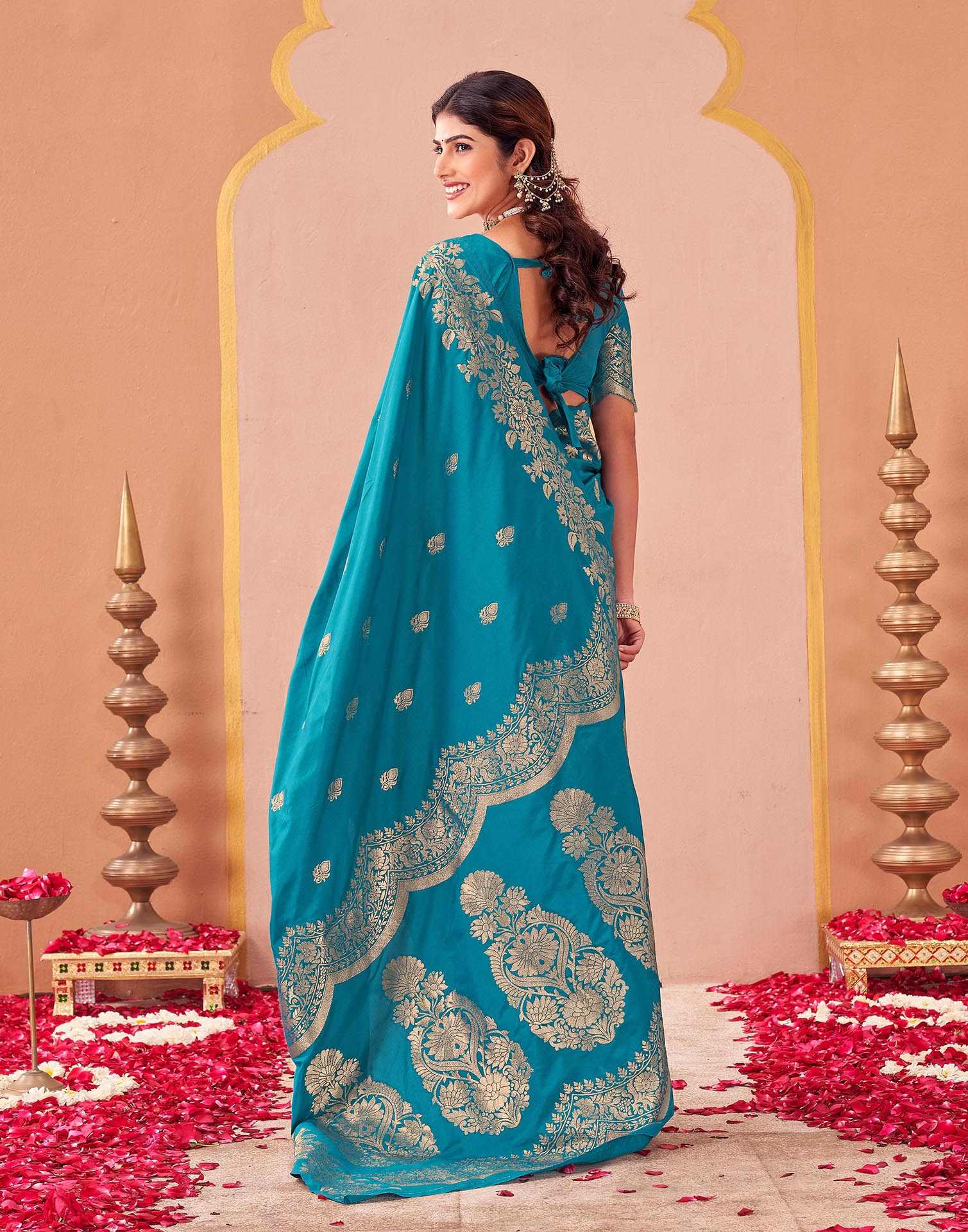 Teal Blue Silk Woven Banarasi Saree - Image 6