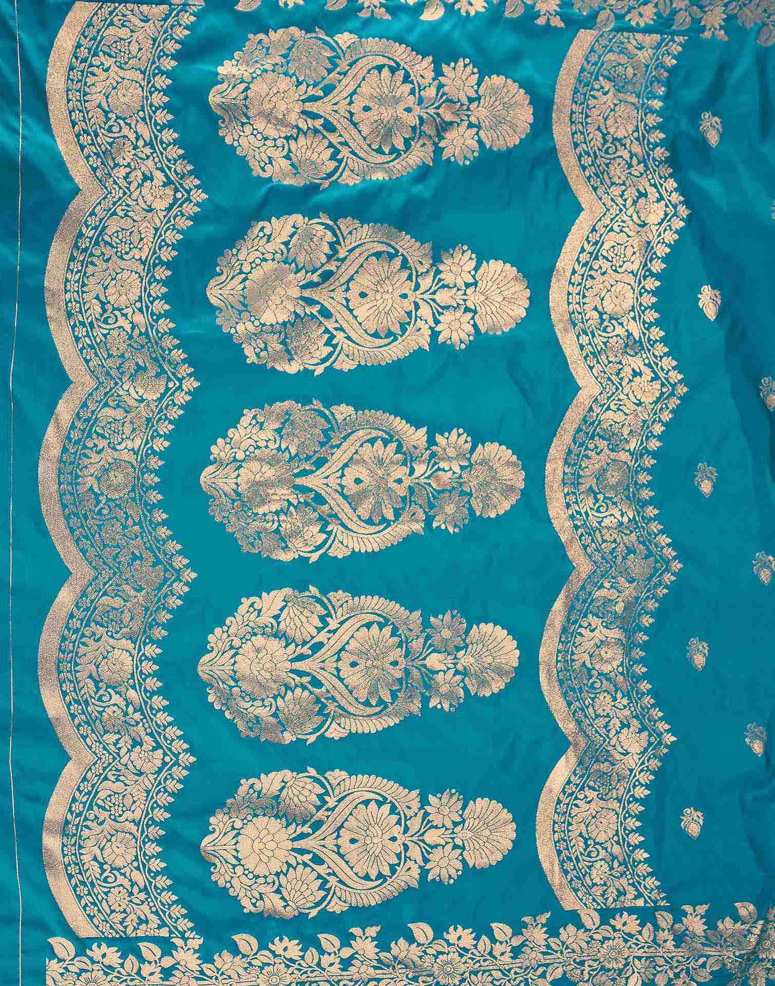 Teal Blue Silk Woven Banarasi Saree - Image 8