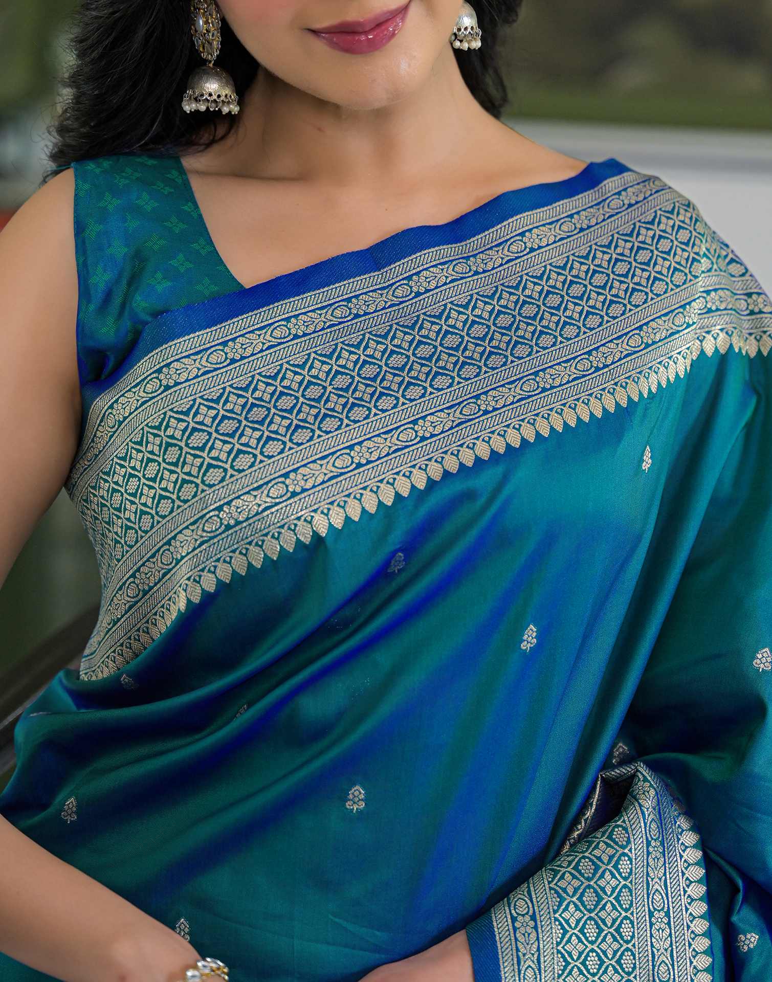 Teal Blue Silk Woven Banarasi Saree - Image 10