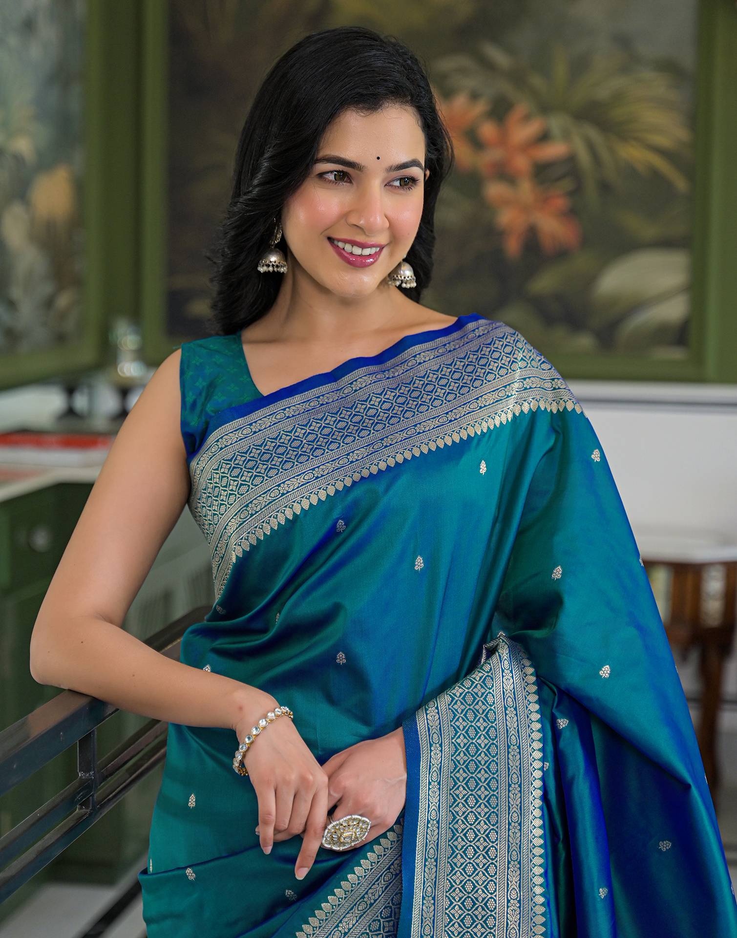 Teal Blue Silk Woven Banarasi Saree - Image 2
