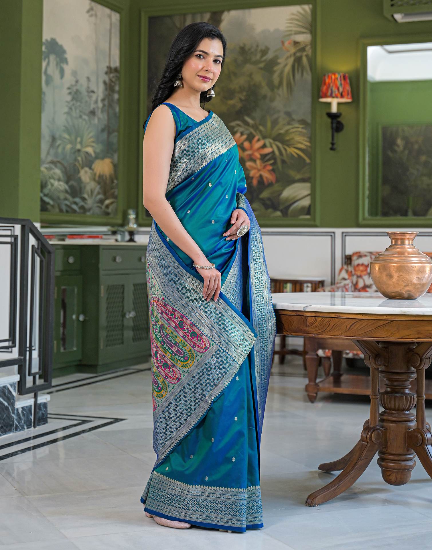 Teal Blue Silk Woven Banarasi Saree - Image 5