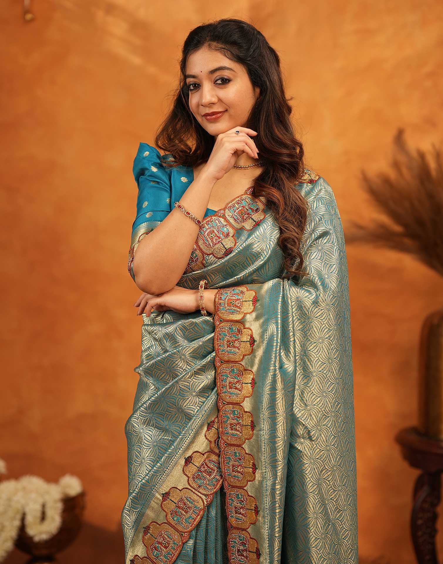 Teal Blue Silk Woven Embroidery Stone Work Banarasi Saree - Image 10