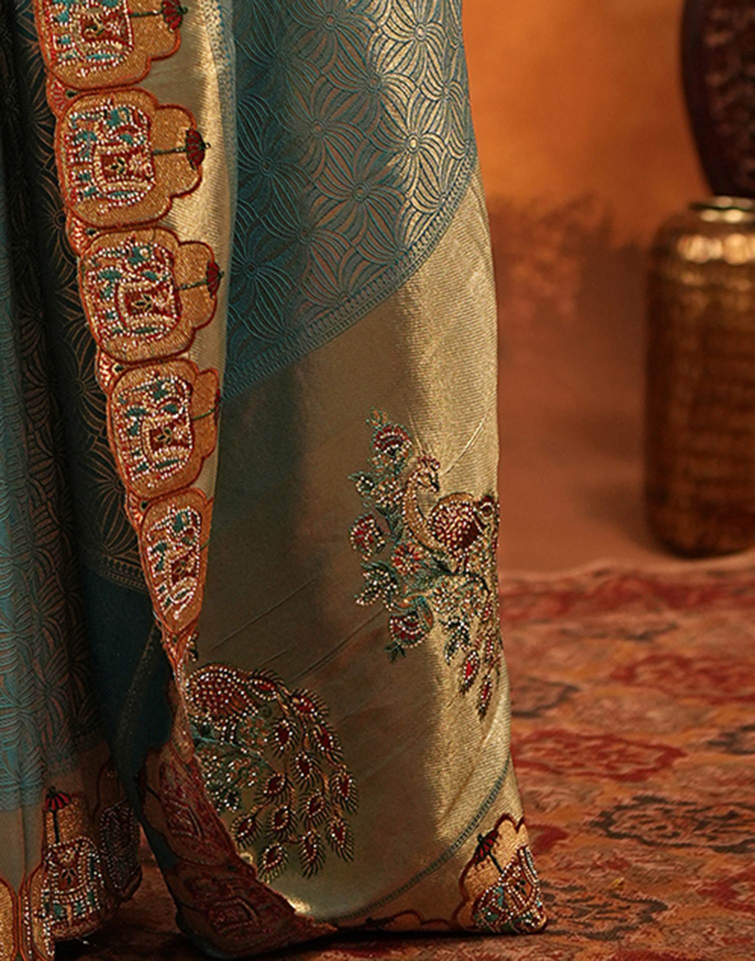 Teal Blue Silk Woven Embroidery Stone Work Banarasi Saree - Image 12