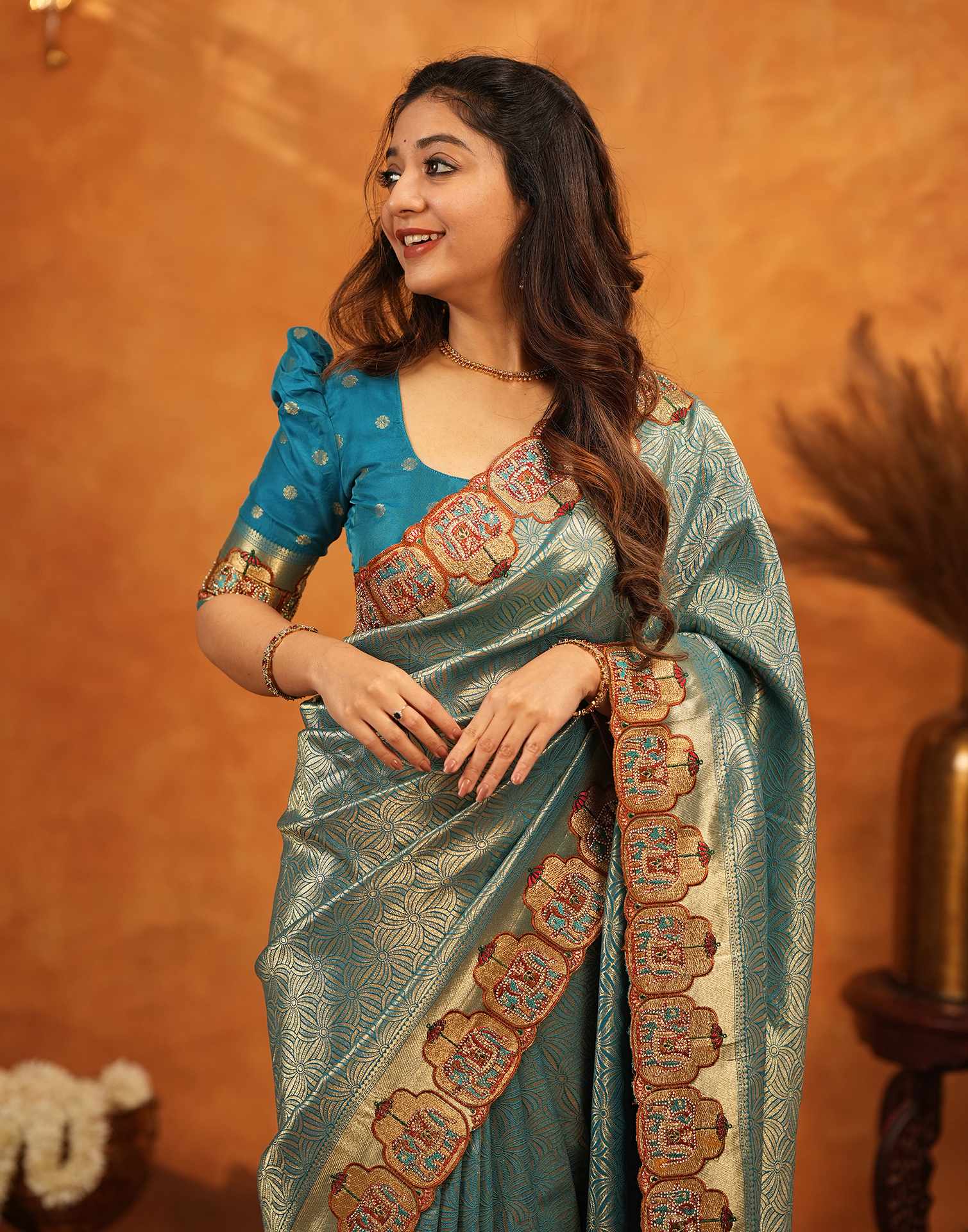Teal Blue Silk Woven Embroidery Stone Work Banarasi Saree - Image 4