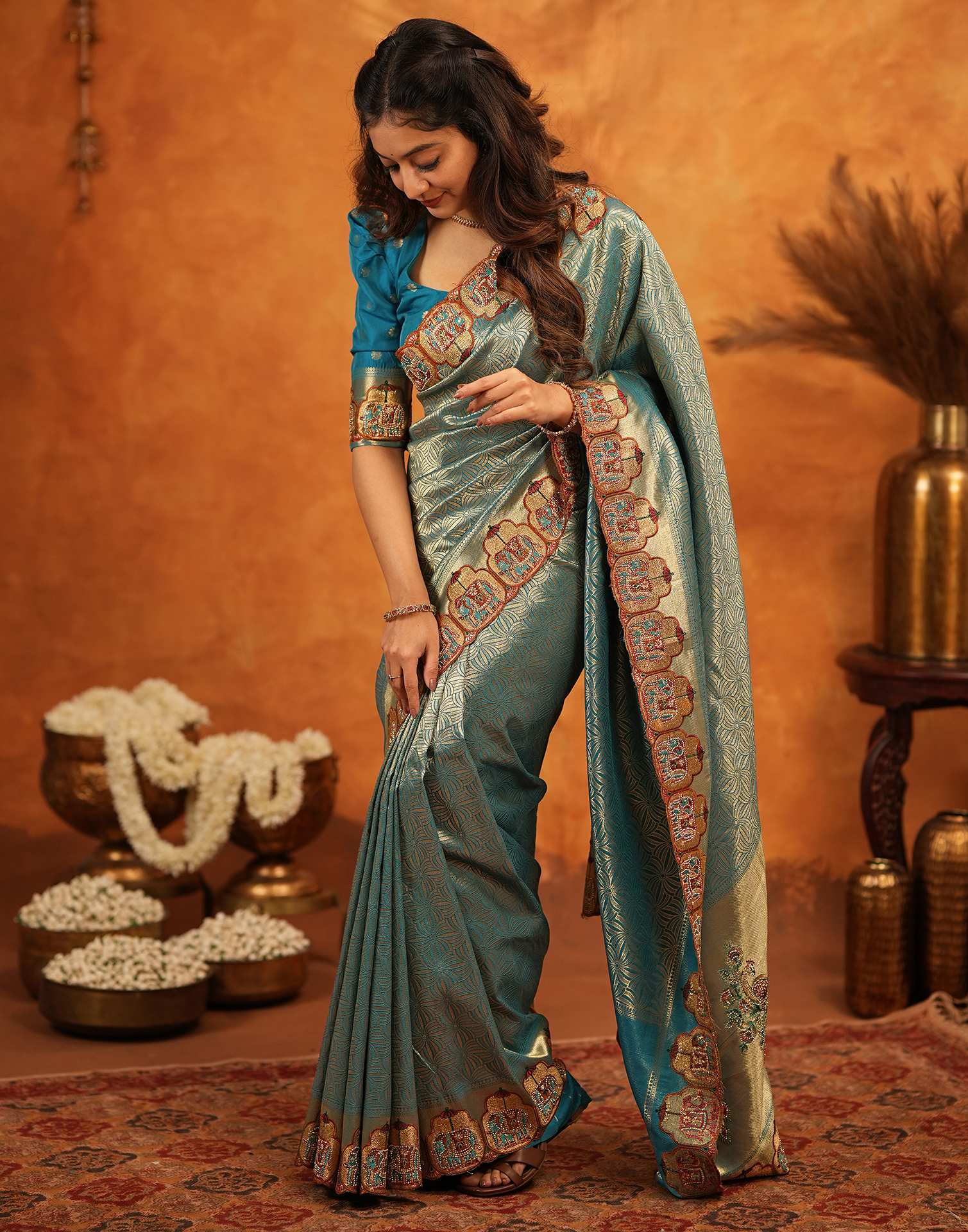 Teal Blue Silk Woven Embroidery Stone Work Banarasi Saree - Image 5