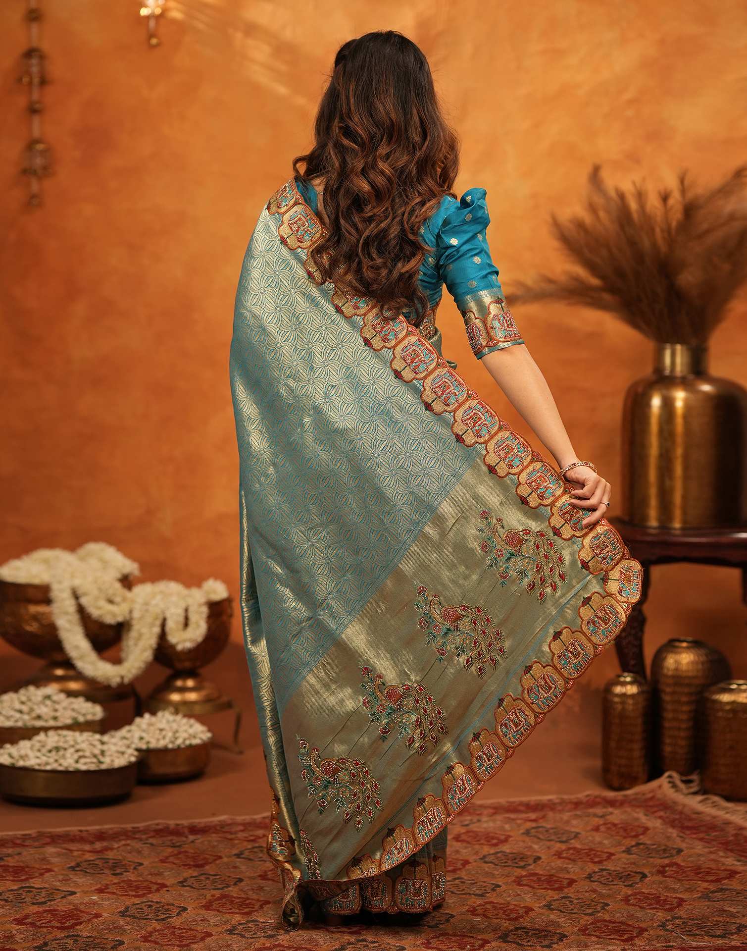 Teal Blue Silk Woven Embroidery Stone Work Banarasi Saree - Image 7