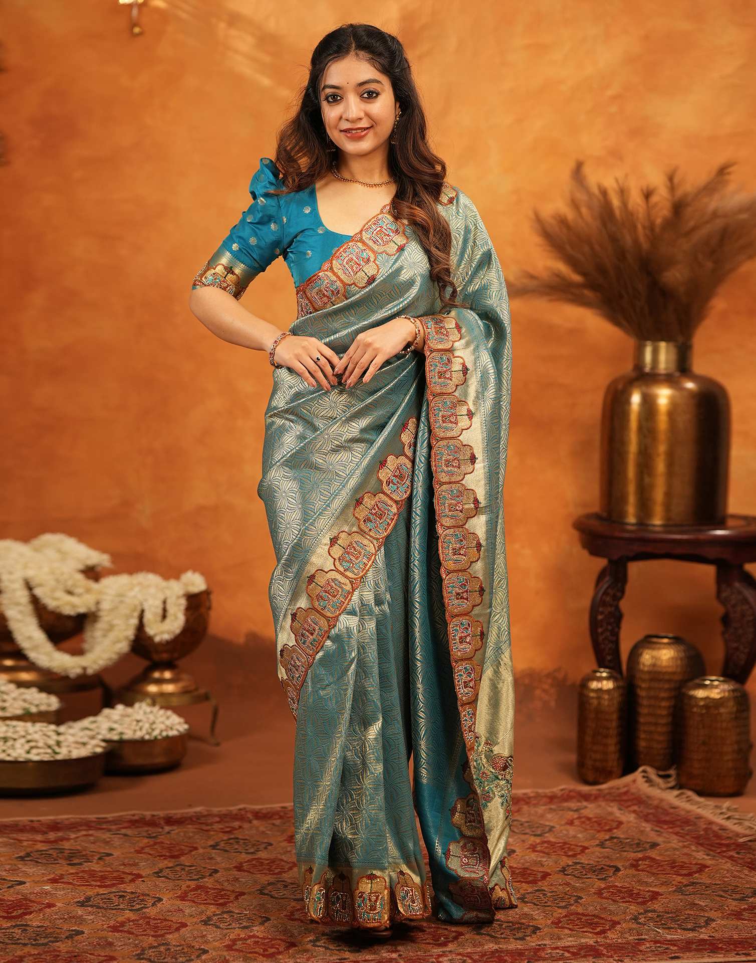 Teal Blue Silk Woven Embroidery Stone Work Banarasi Saree - Image 9
