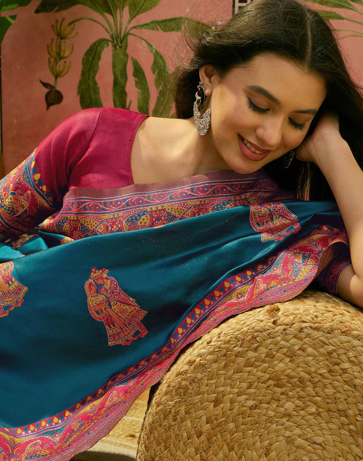 Teal Blue Silk Woven Kalamkari Saree - Image 2