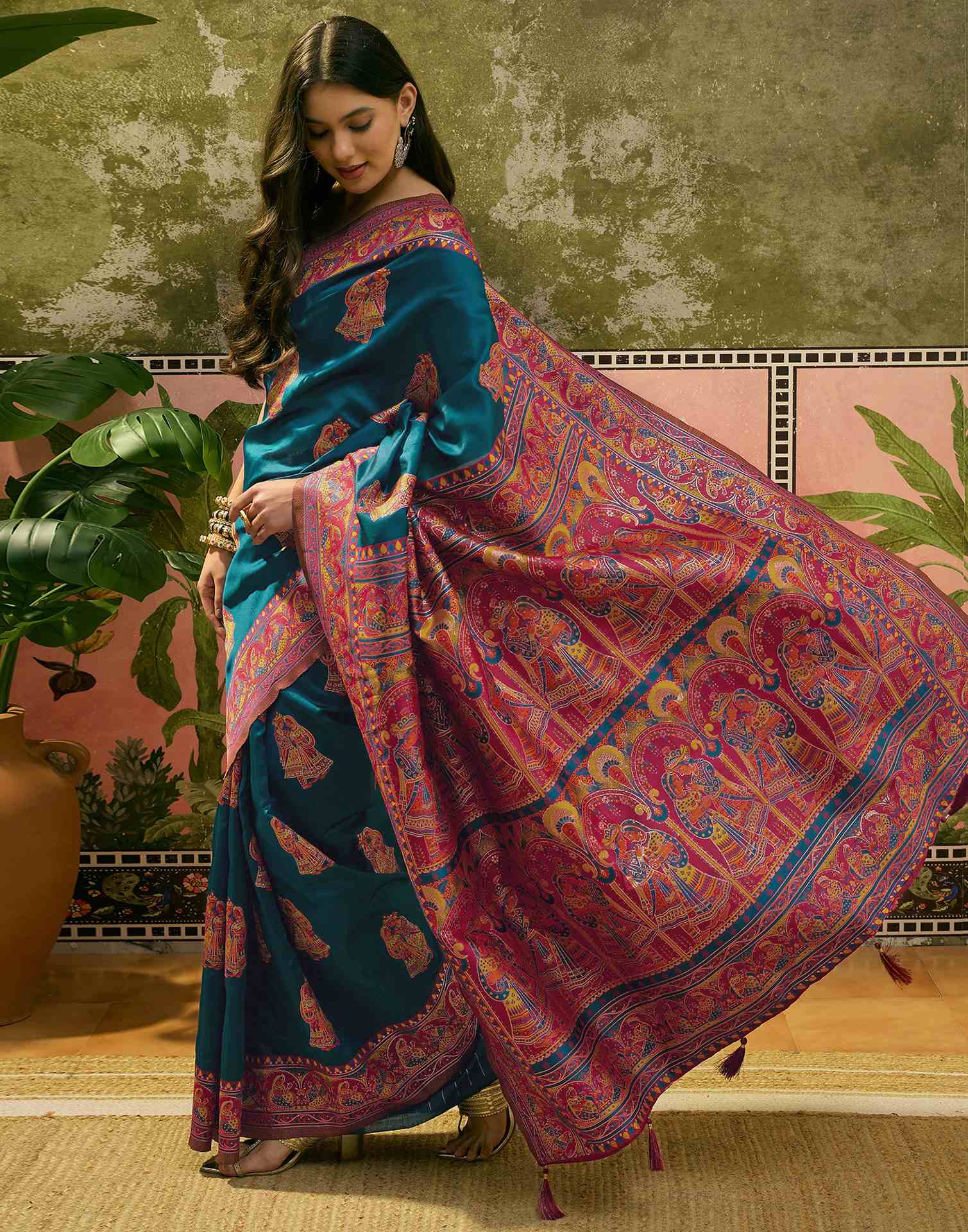 Teal Blue Silk Woven Kalamkari Saree - Image 5