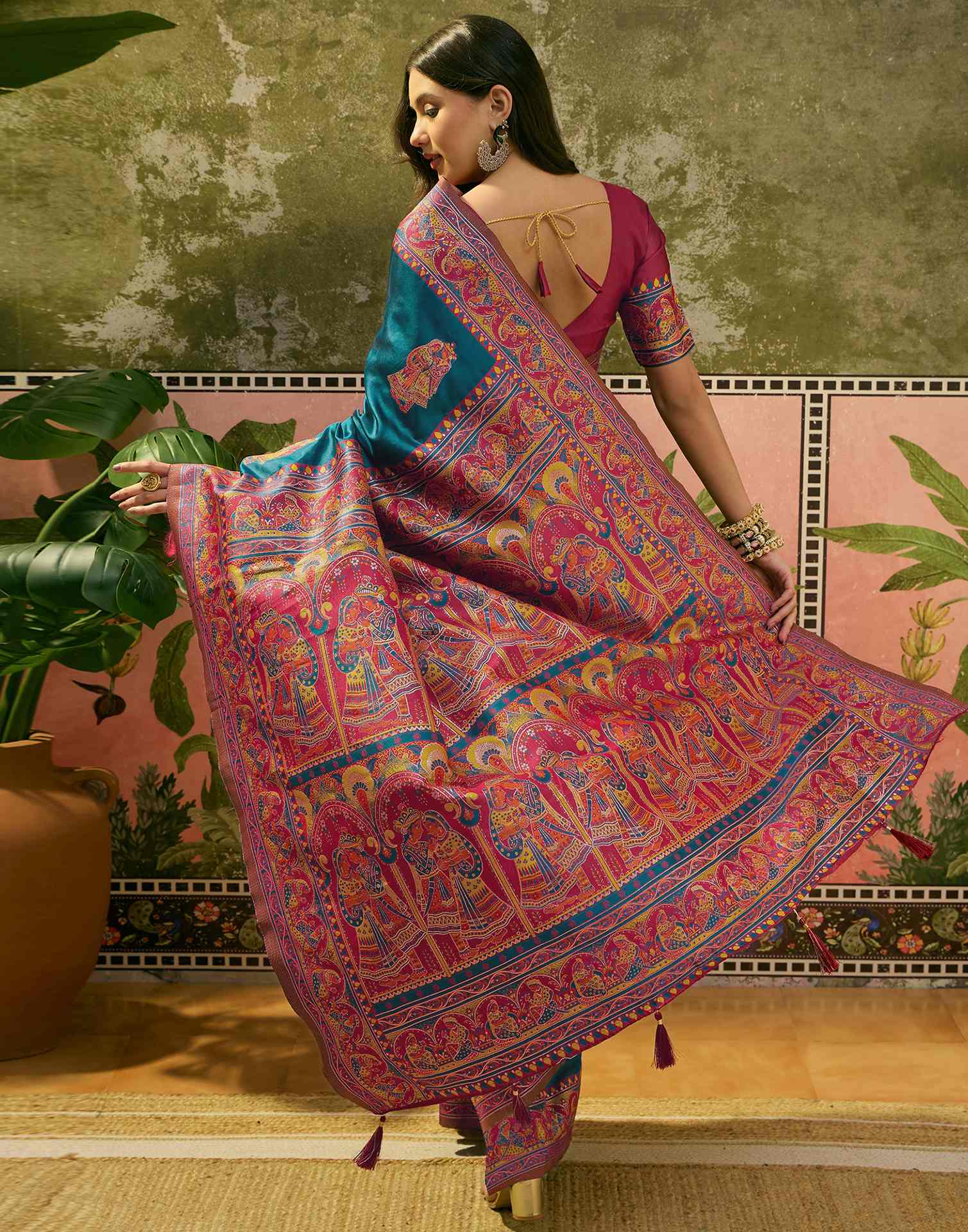 Teal Blue Silk Woven Kalamkari Saree - Image 7