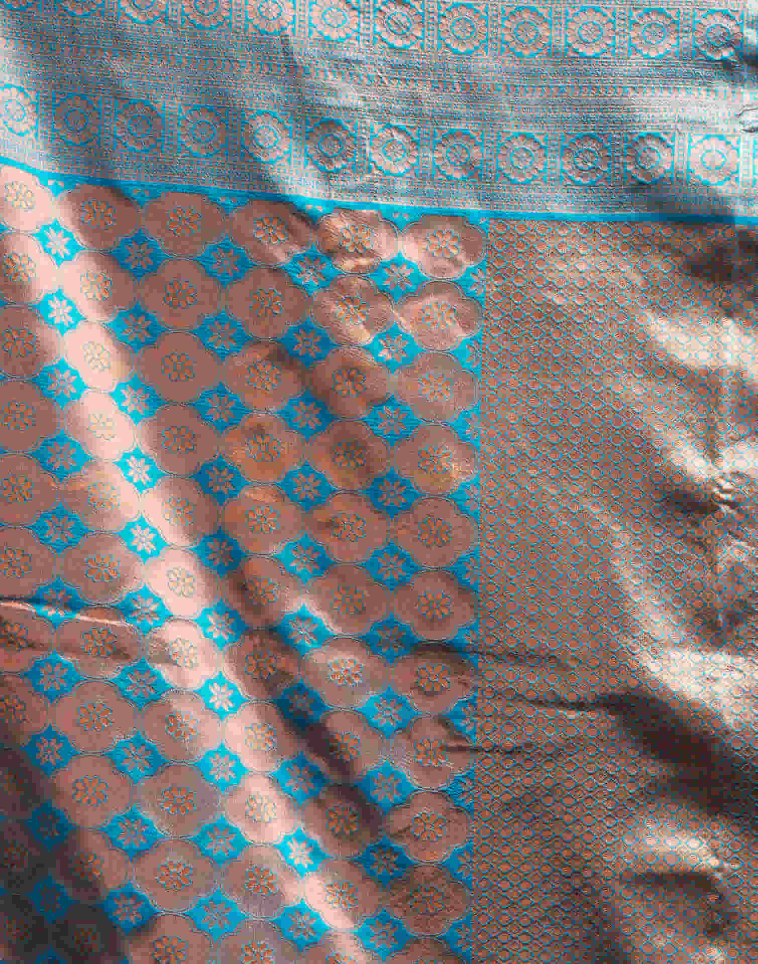 Teal Blue Silk Woven Kanjivaram Saree - Image 8