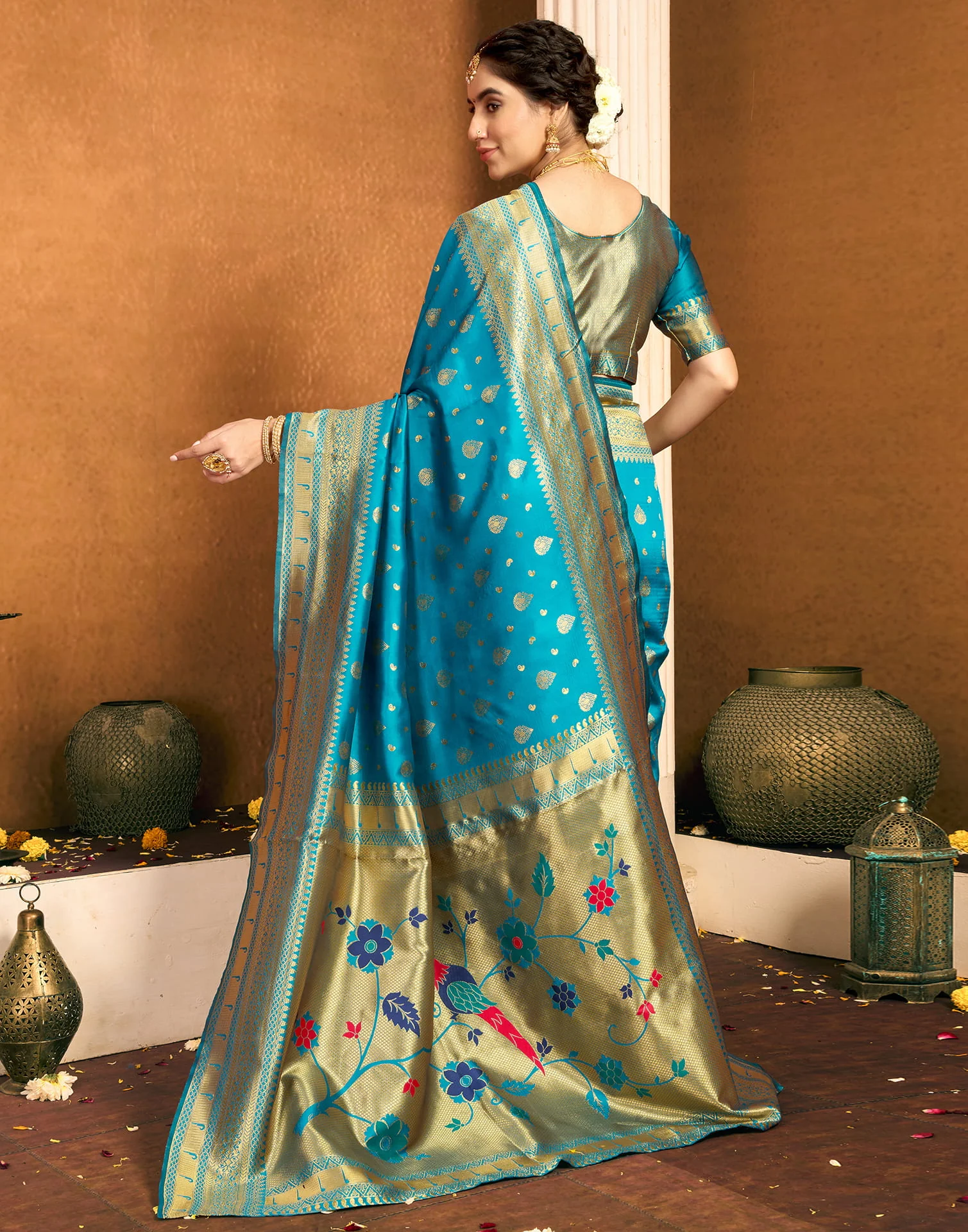 Blue Silk Woven Paithani Saree - Image 6